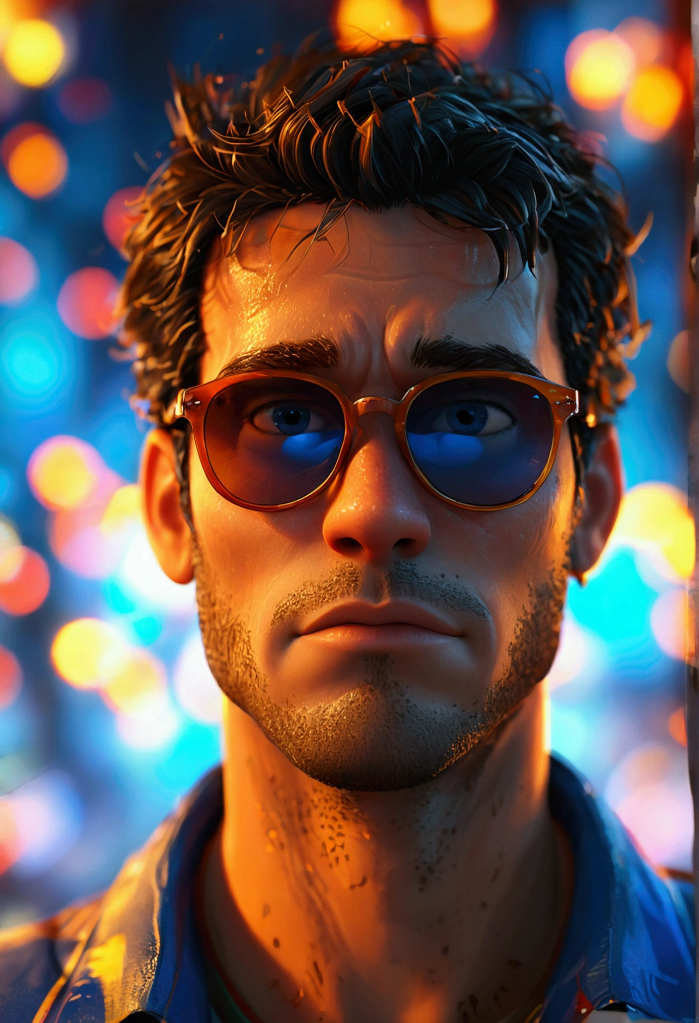 Cartoon character of a man in sunglasses and blue shirt, animation character, stylized character, animation style rendering, 3d stylized, Arnold Maya rendering, Stylized 3D rendering, toon render screenshot, 3d character, 3d character, Stylized 3D rendering, 3D character rendering, cartoon character, Personagem de close up, character posing,  (Pixar-style) (master part:1.2) (bokeh) (best qualityer) (skin detailed) (detailed texture) (8K) (Argilla) (cinematic lighting) (sharp focus