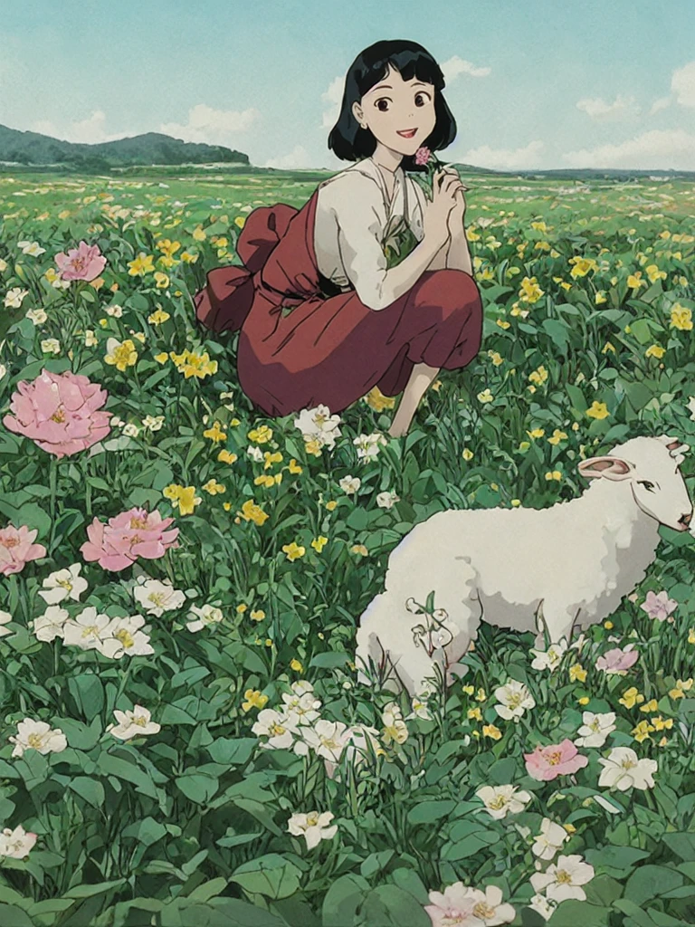 
A stunning beauty cute  Javanese girl, her name is Sora, 5 years tiful silky black short hair, beautiful black eyes, beautiful pink lips and smiling happily. She's wearing a magenta shirt, and a blue jeans jumpsuit with a brown bear cartoon image embroided. Also she's wearing brown sandals. Her hand is holding flowers from the meadows in the riverside. A white sheep at her behind eating a flower. Very detailed anatomy, very detailed face, very detailed background, very detailed clothes. Photorealistic HD image, very wide angle, top to toes, full body, A Masterpiece.