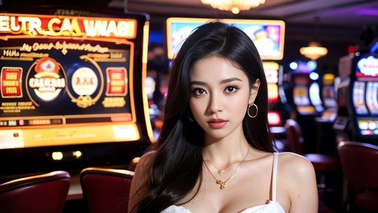 (Masterpiece:1.3), (8 thousand, realistic, raw photos, best quality: 1.4), (1 woman),(Very sexy), (Beautiful makeover), (유난히 아름다운 realistic 얼굴), (build a beautiful body) , (Long eyelashes), (Double eyelids), (black hair. Parting ways, long hair:1.3), (아름다운 Parting ways스타일), (The eyes are realistic and truly beautiful and delicate.), (Beautiful and big breasts), (realistic and beautiful skin), (nonsense), (charming), (Ultra high resolution), (extremely realistic), (very detailed), (golden ratio), (necklace), (earring), (สวยและVery sexy) (random background,In casinos,VIP casino room, Modern Casino Console, Modern Slot Machines )