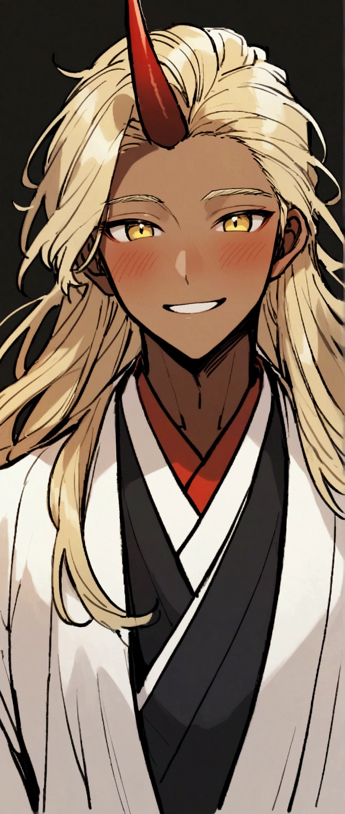 One Man,Beautiful young man with blond hair and dark skin, 20-year-old, Yellow Eyes, length, Silky Hair,A single red horn grows from the right side of its head.., Wearing traditional Korean clothing, Blushing,A carefree smile