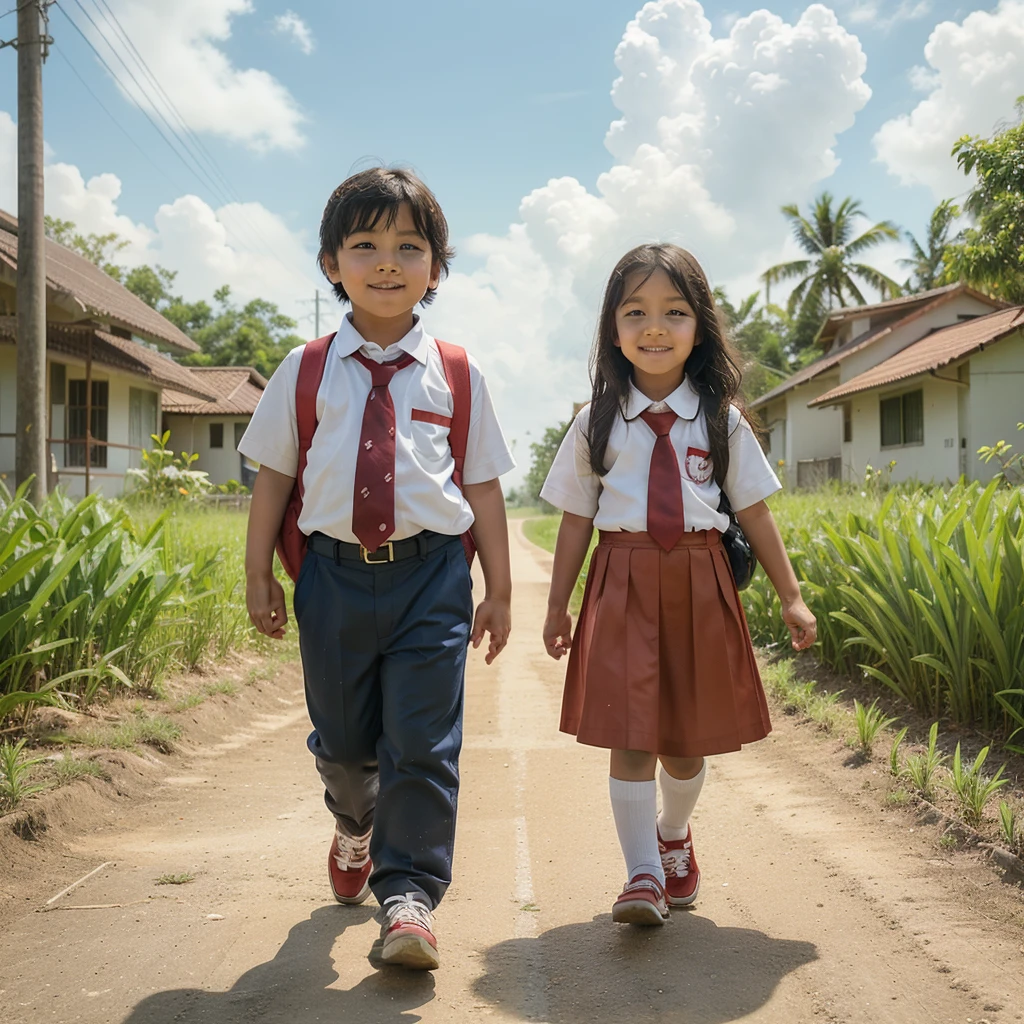 real potrait, full body, long shot, a 9 year old boy wearing an Indonesian elementary , red white color, berjalan bersama seorang anak kecil perempuan umur 9 tahun memakai seragam sekolah dasar indonesia red white color, wearing a red tie, walking on country roads, right and left there are rice plants, clear blue sky, happy to go to school, face facing forward