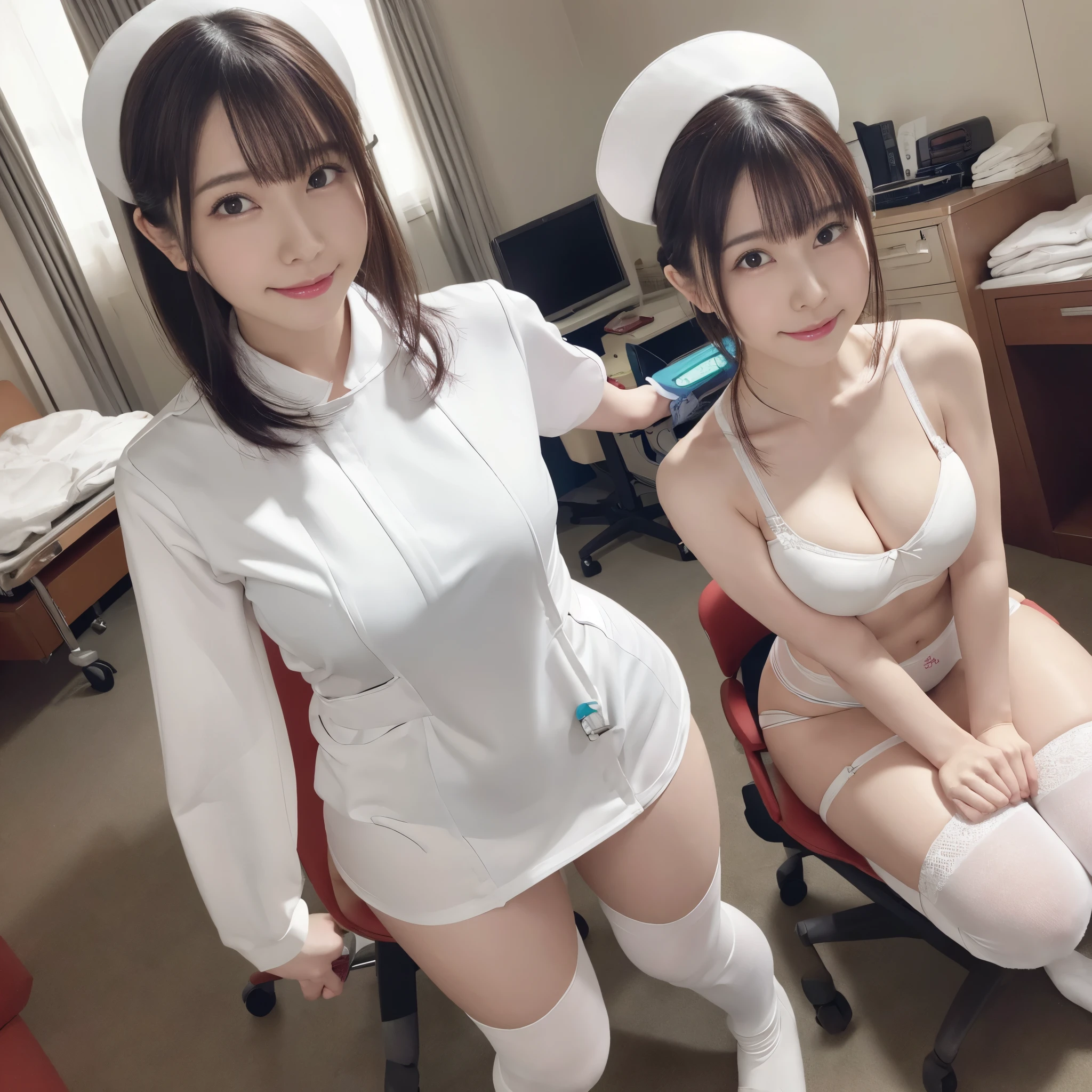 (Nurse Costume、Undressing、Ass、Black Hair、Big Ass、Inside the hospital、Knee-high socks、White bra、White panties)、Extremely sexy、Glamorous Body、smile、Professional Lighting、Beautiful adult woman、Captivating thighs、Very large breasts、Sitting in a chair