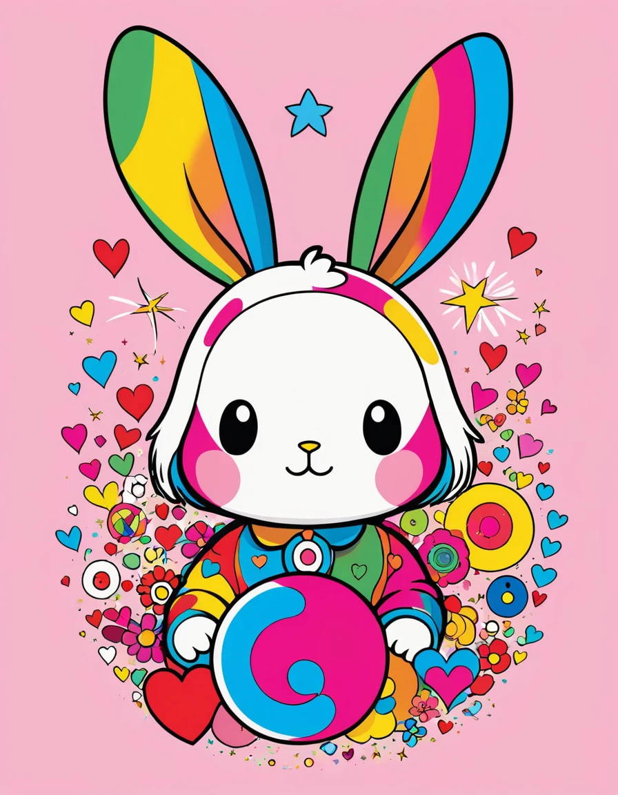 Gao Jiejie Golden Ratio Takashi Murakami style, Simple line initials,Abstract art,Kawaii Design, Realistic rabbit, stardust, Colorful Hearts logo