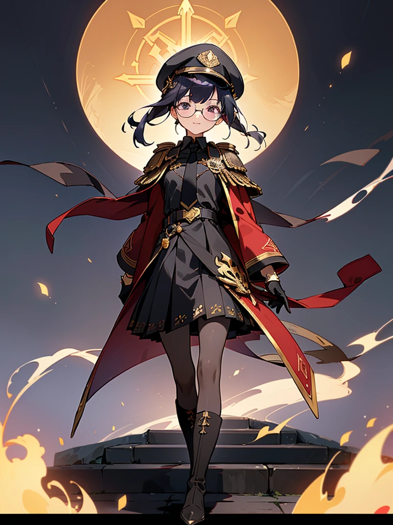 realisitic, City Deserted, Pile of rubble, Brick building, a one woman (18 years old, far away blackw hair, far away slits, Eyes red, glare eyes, 精致的面容, standing (In floor, feet shoulder-width apart), Lolita style military uniform (blackw base, Red Insert, golden decoration, volantes, wide sleeves, dainty and delicate detailing armors), blackw far away gloves (blackw, Red Insert, golden decoration, small hands, armors), blackw far away gloves, knee high boots (blackw, high-heels, red soles), ha (blackw, aba dourada, shield emblem, delicate details), arms in front, Front of belly, Holding military swords with both hands (blackw, golden decoration, delicate detail, Handle at the top, Ground-facing blade, in front of the body, far away), night sky (blackw, stele, Increased flames and smoke) Pale painting style, One Girl, super high quality, Super Detail, Super Detailed image, long hair, looking at viewer, skirt, shirt, hair ornament, violet eyes, gloves, round glasses, long sleeves, hat, closed mouth, jacket, violet hair, braid, open clothes, necktie, black gloves, black skirt, uniform, single braid, open jacket, black jacket, black headwear, 手链, peaked cap, black necktie, cropped jacket, military hat, pantyhose, Flat Chest, smile, Black Cape