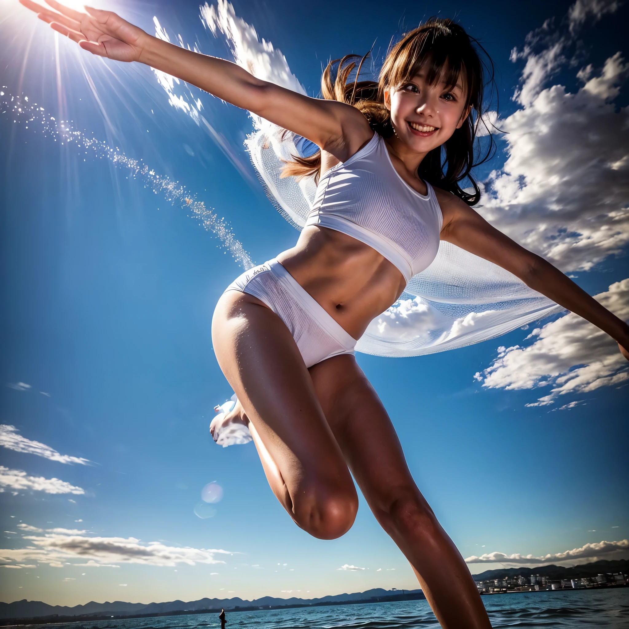 ((ExtremelyDetailed ( KAWAII Girl Floating:1.37) in WHITE at Dusk Enoshima Beach)), (masterpiece 8K TopQuality) (ProfessionalPhoto:1.37), {(Standing Full Body:1.2)|(from below:1.2)}, Different types of hair colors, {(White skinny(School Swimwear))|(SchoolUniform with Tiny AthleticShorts)}, {Detailed Childish hand|Hidden hand|Armpit|Different types of breasts|(Clearly Visible the shape of Butt)}, Joyful Expressions LifeLike Rendering, PerfectLighting, Dazzling Horizon {Colorful Clouds | Starry IridescentParticles} VolumetricLighting (Acutance:0.8)