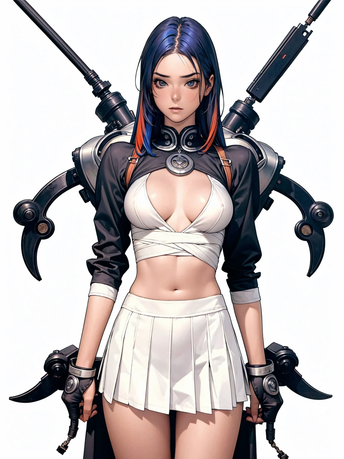 ((( transparent black suit ))), (((bandaged arms))), ((high collar)), (((micro skirt with vertical seams all closed))), (((multi-colored hair))), (((best qualityer: 1.4))), (Unbeatable masterpiece), (hiper HD),(CG 8k hyper-realistic), (((brave face))), (((breasts big))), (((hyper feminine))), sexly girl, Thor,(black bob hair)), ((( sculptural body ))), (((1 Kizi))), Kizi cibernética de 25 anos com perfectbody,,Beautiful and well-groomed face,muscular body:1.2,solid color detailed jacket, (Head to thigh photos), Complex equipment, green dark,long pants,Tight clothes are dark,With white stars and off-white stripes,,,,,Armor Metal Electronic Parts) INFO, Kizi, (((standing alone))), pirralha violent, ((())), sexly, pose de atitude, work of art, post-apocalypse, (((manga style))), bounty hunter, violent, Manic, the way you want, slenderbody, thin but strong, perfectbody, roupa moderna, advanced technology, neon, sleeves with vertical striped pattern, neutral background, (( cowboy shot )). intricate visual