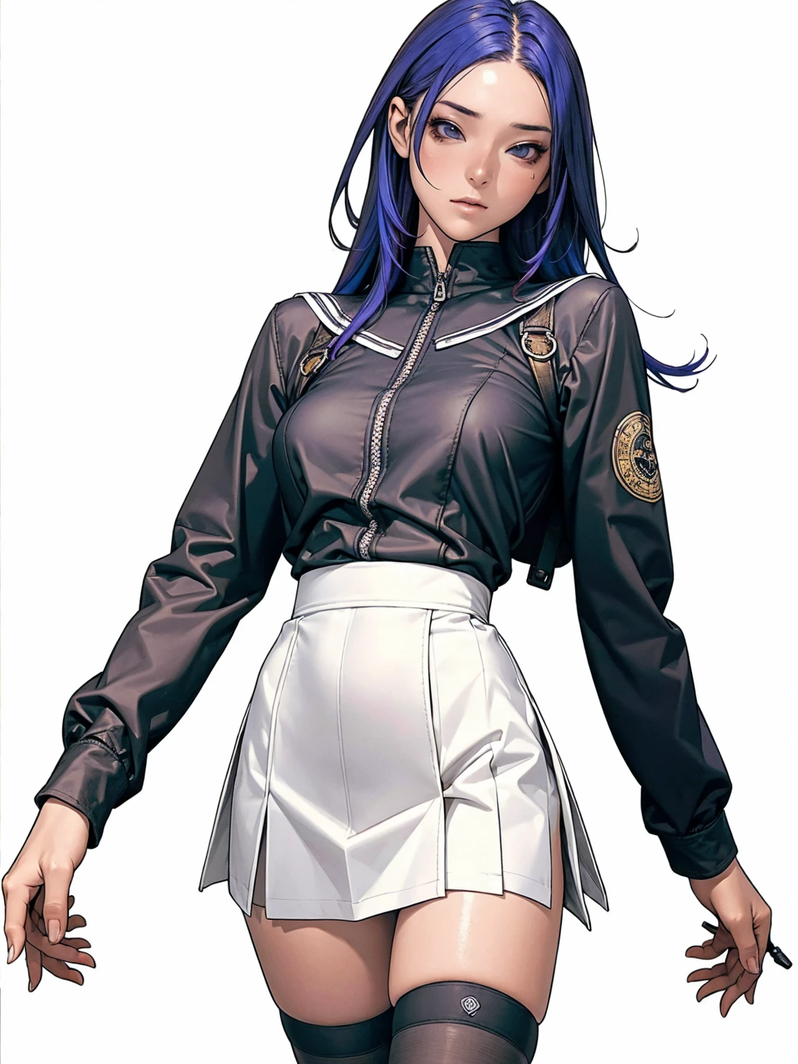 ((( transparent black suit ))), (((bandaged arms))), ((high collar)), (((micro skirt with vertical seams all closed))), (((multi-colored hair))), (((best qualityer: 1.4))), (Unbeatable masterpiece), (hiper HD),(CG 8k hyper-realistic), (((brave face))), (((breasts big))), (((hyper feminine))), sexly girl, Thor,(black bob hair)), ((( sculptural body ))), (((1 Kizi))), Kizi cibernética de 25 anos com perfectbody,,Beautiful and well-groomed face,muscular body:1.2,solid color detailed jacket, (Head to thigh photos), Complex equipment, green dark,long pants,Tight clothes are dark,With white stars and off-white stripes,,,,,Armor Metal Electronic Parts) INFO, Kizi, (((standing alone))), pirralha violent, ((())), sexly, pose de atitude, work of art, post-apocalypse, (((manga style))), bounty hunter, violent, Manic, the way you want, slenderbody, thin but strong, perfectbody, roupa moderna, advanced technology, neon, sleeves with vertical striped pattern, neutral background, (( cowboy shot )). intricate visual