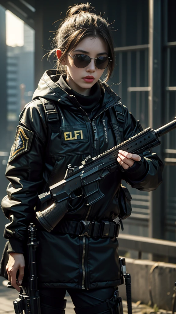 8K, UHD, masterpiece, 1 girl, detailed face, smart face, ((sunglasses)), detailed eyes, sniper rifle in hand, battlefeild, call of duty cosplay, call of duty modern warfare 3, ((ghost tribe)), belts, gun, methic gun, futuristic art, cyberpunk lihting, ultra extreme graphics, RTX 4090, ray tracing, bloom, depth of field, motion blur,