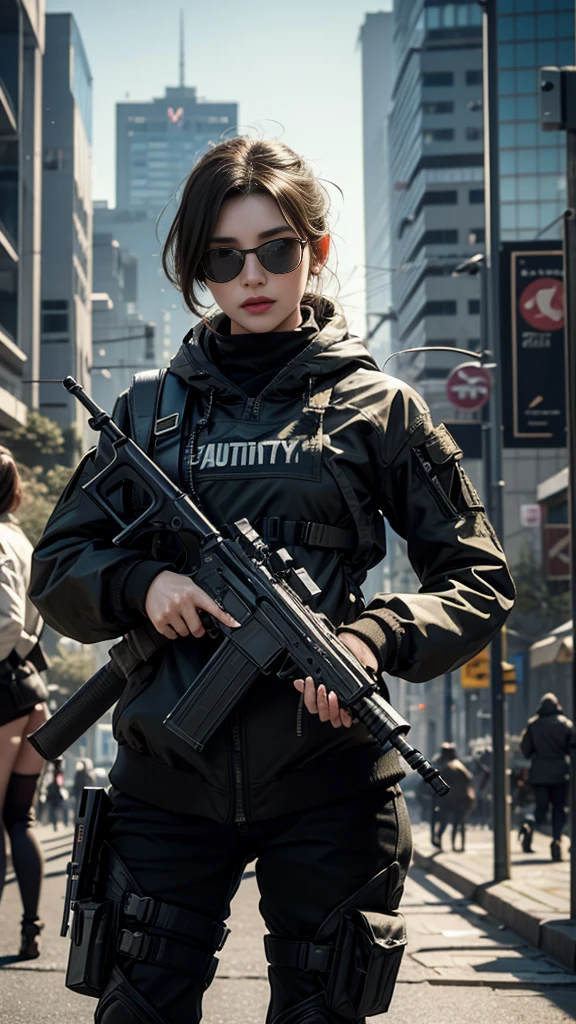 8K, UHD, masterpiece, 1 girl, detailed face, smart face, ((sunglasses)), detailed eyes, sniper rifle in hand, battlefeild, call of duty cosplay, call of duty modern warfare 3, ((ghost tribe)), belts, gun, methic gun, futuristic art, cyberpunk lihting, ultra extreme graphics, RTX 4090, ray tracing, bloom, depth of field, motion blur,