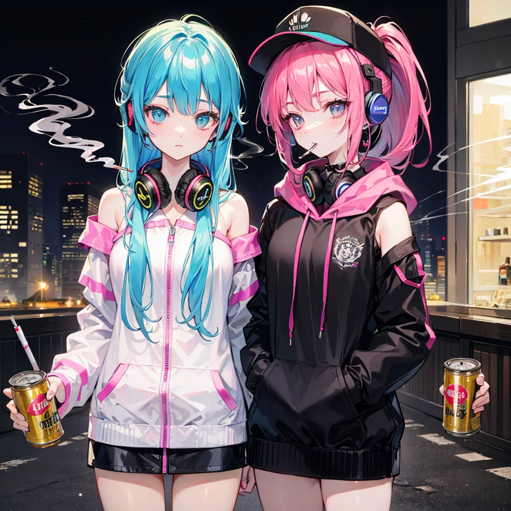 ((((Smoke a cigarette Put your headphones around your neck)))) (((Neon color pink and blue hair ponytail Wear a hat Off-the-shoulder hoodies Place the beer cans))) ((cyber punk Earrings rooftop City of night)) (Shining Moon Shining Background)