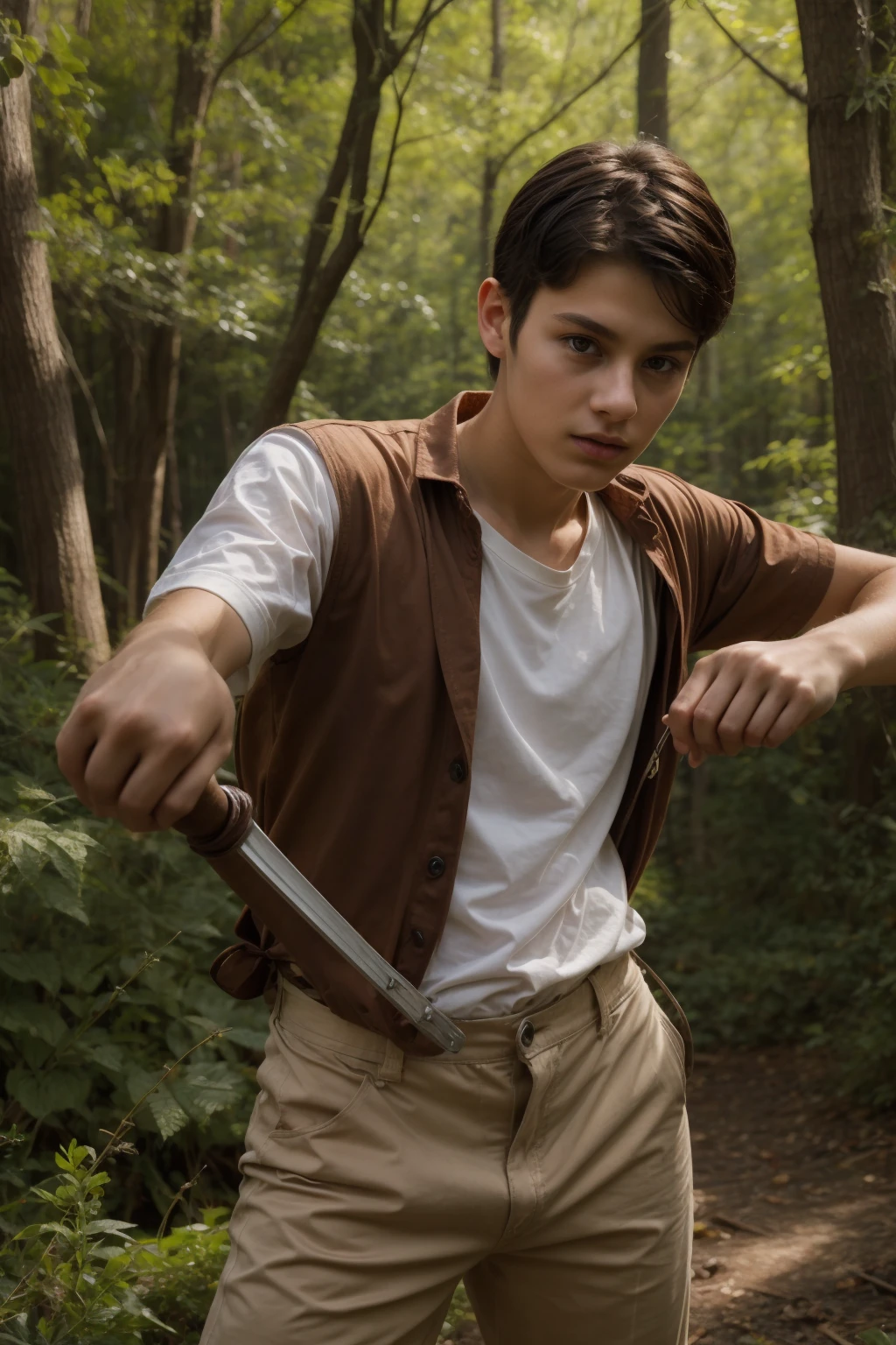 A beautiful young male twink with black hair, wearing a white shirt and brown pants, in the forest, brandishing his drawn sword.