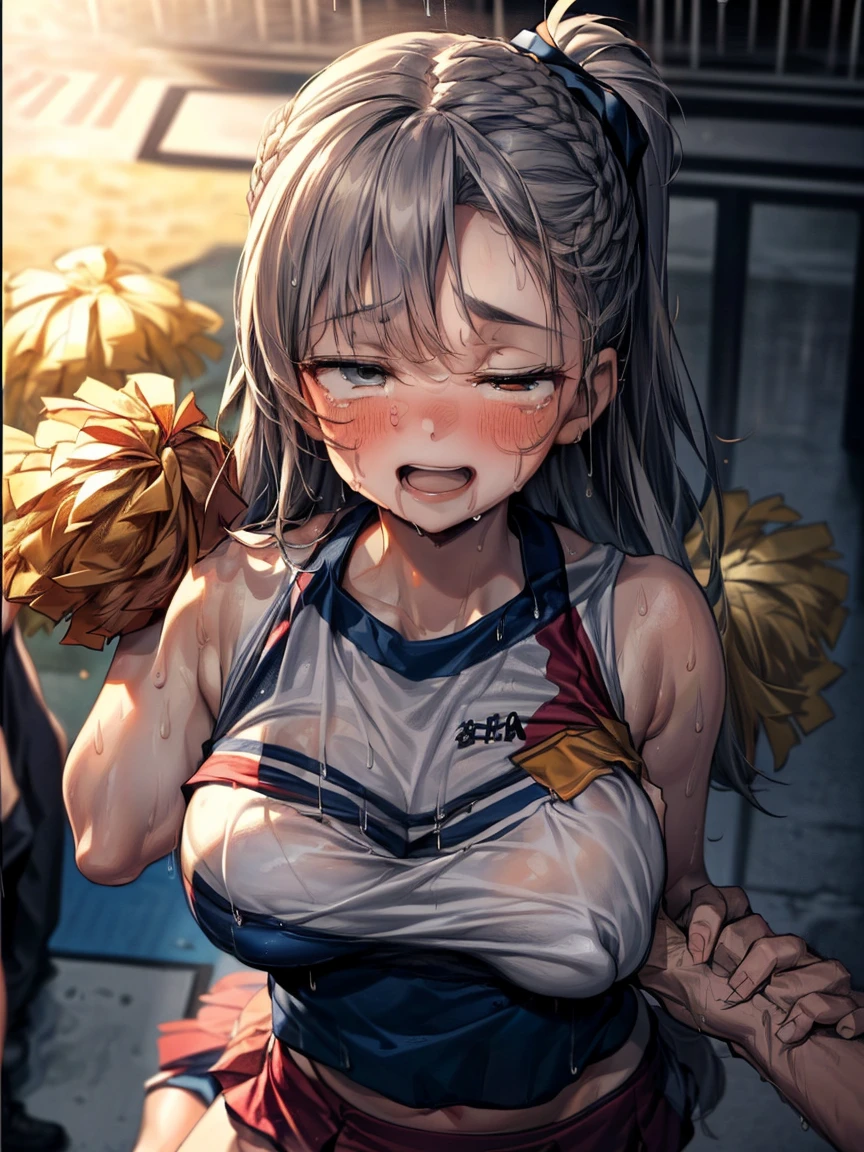 (Very tiny girl rides guy perfectly:1.5)、(Petite girl riding:1.3)、(Big Breasts:2)、(eyes half closed:1.9)、(Grin:1.1)、(tears:1.2)、(The body shakes violently)、8K resolution、 ((Highest quality))、Anatomically correct、(Cheerleader:1.9)、((Hasselblad Photos))、[:(Detailed face:1.2):0.2]、(heavy rain:1.5)、(Sweaty:1.6)、(Top view:1.9)、(braid one's hair:1.5)、(Loss of strength from the body:1.3)、(呻吟)、(Jump:1.6)、(Surrounded by a lot of middle-aged men:1.6)、((Upper Body:1.9))、(Leaning forward:1.6)、(rape:1.3)、(shame:1.3)、(Groping the chest:1.9)