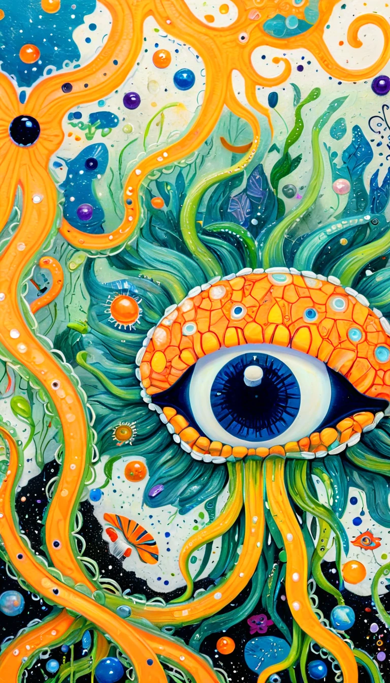 Children's graffiti,Thick coating,Concave and convex texture,Oil pastel strokes:brain,Brain,Brain、flowesh、Tentacles、Stone、pearl、Tears、Eye、diatom,Abstract mosaic painting,Describing the inner world of autistic people,Sense of space,White Space,interesting,Innocence,Psychedelic Art,Orange overall