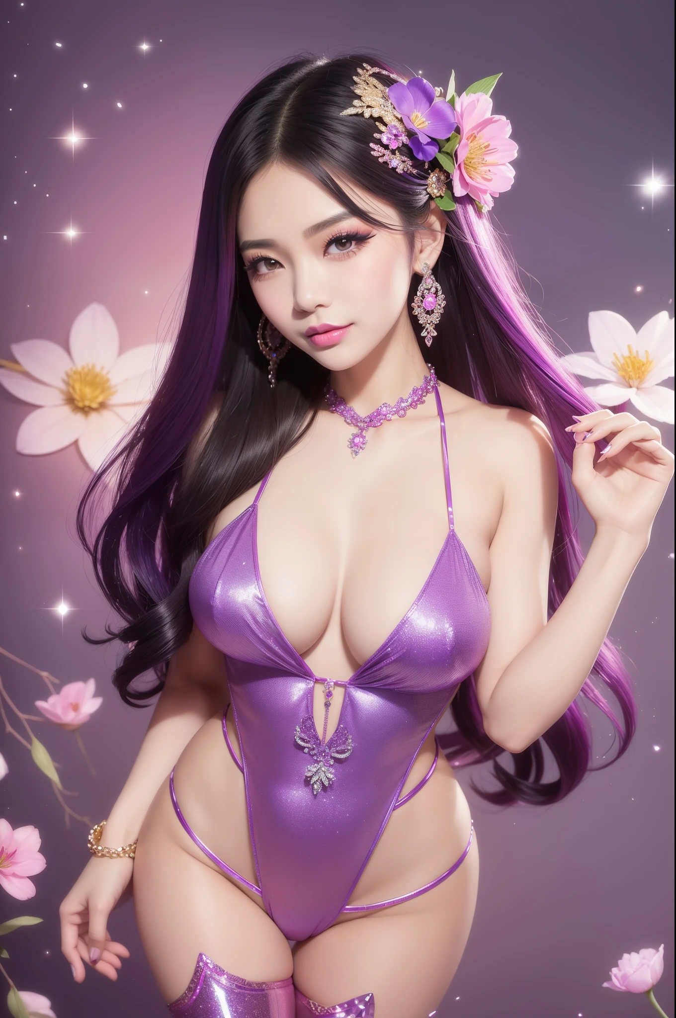 sexy Thai model who controls poison、beautiful smile、lip-gloss、bold lipstick、long lashes、colorful metallic makeup、look at the camera、full body Esbian、、sparkling poisoned flower costume、、、、sparkling Colorful hair、secrete poison、skull hair accessories、sexy tights、shiny sparkling flowers background