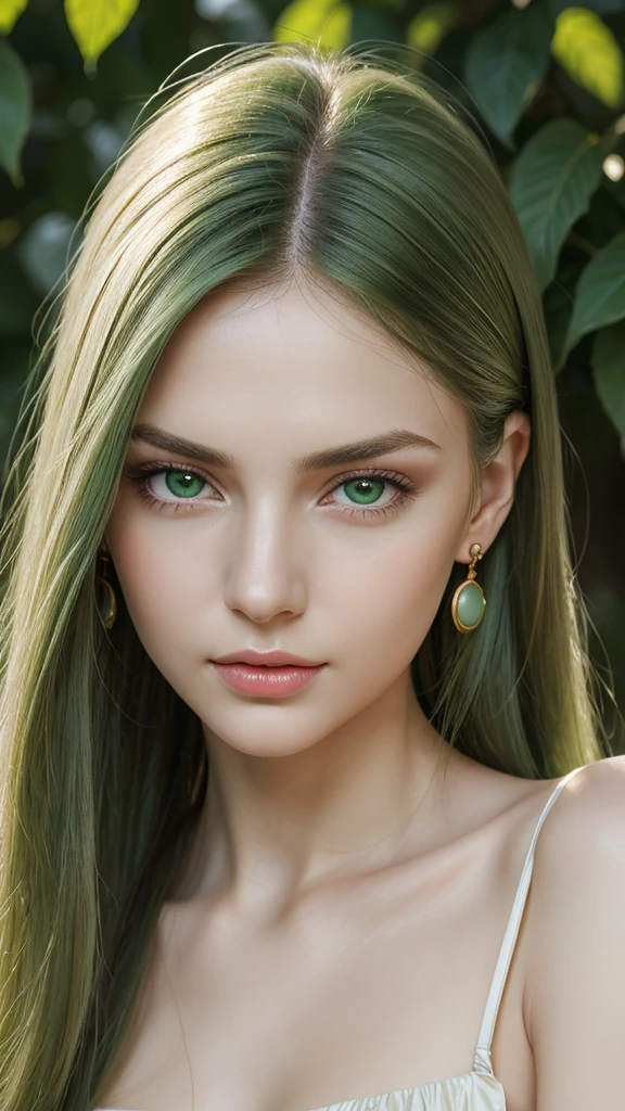 Portrait of a woman, European, extremely detailed face, gentle and friendly facial features, delicate features, very white skin, thin and slightly curved eyebrows, very long hair, straight, flowing hairstyle , green hair, seductive dull eyes, seductive gaze, earrings, green eyes, gentle red lips, frontal, facing the viewer, gentle and pleasant expression, green silk skirt