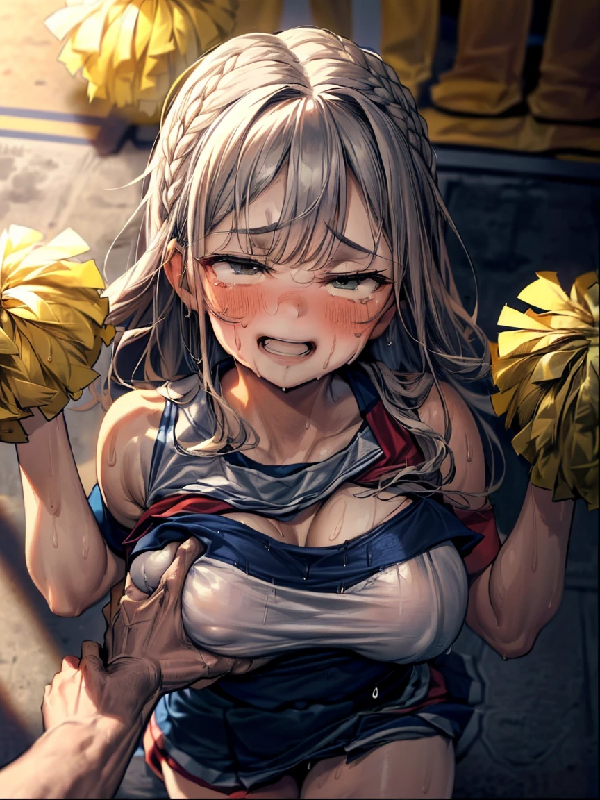 (Very tiny girl rides guy perfectly:1.5)、(Petite girl riding:1.3)、(Big Breasts:2)、(eyes half closed:1.9)、(Grin:1.1)、(tears:1.2)、(The body shakes violently)、8K resolution、 ((Highest quality))、Anatomically correct、(Cheerleader:1.9)、((Hasselblad Photos))、[:(Detailed face:1.2):0.2]、(heavy rain:1.5)、(Sweaty:1.6)、(Top view:1.9)、(braid one's hair:1.5)、(Loss of strength from the body:1.3)、(呻吟)、(Jump:1.6)、(Surrounded by a lot of middle-aged men:1.6)、((Upper Body:1.9))、(Leaning forward:1.6)、(rape:1.3)、(shame:1.3)、(Groping the chest:1.6)