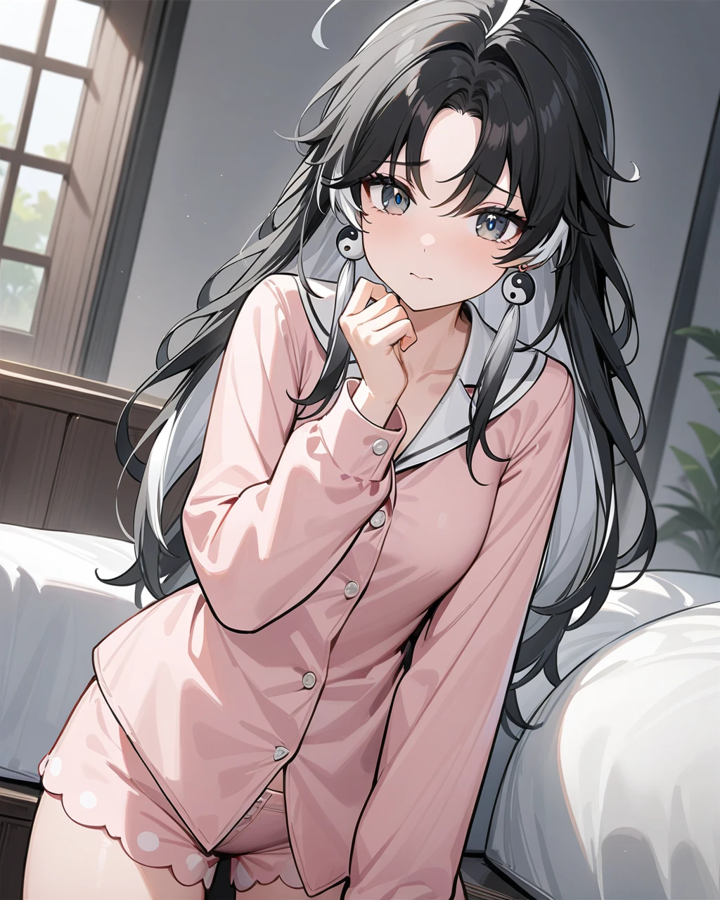 masterpiece,best quality,cute pajamas,indoors,looking at viewer,shy,
jianxin,1girl,solo,jewelry,earrings,black hair,multicolored hair,long hair,ahoge,yin yang,