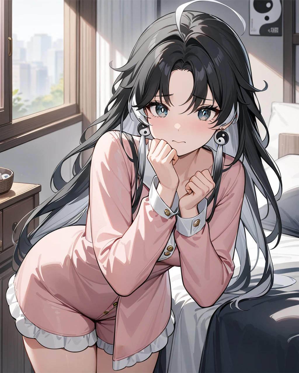 masterpiece,best quality,cute pajamas,indoors,looking at viewer,shy,
jianxin,1girl,solo,jewelry,earrings,black hair,multicolored hair,long hair,ahoge,yin yang,