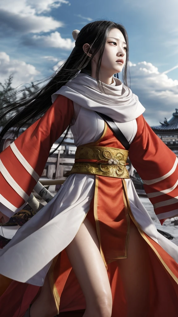 "Create a highly realistic image of a female warrior resembling Kyoukai from the manga series Kingdom. She should have a slender yet athletic build, wearing traditional Chinese armor with intricate details. Her expression is calm and focused, with a mysterious aura. She has long, flowing black hair and is holding a sword in a defensive stance. The background should depict a forest or battlefield with a dramatic sky."