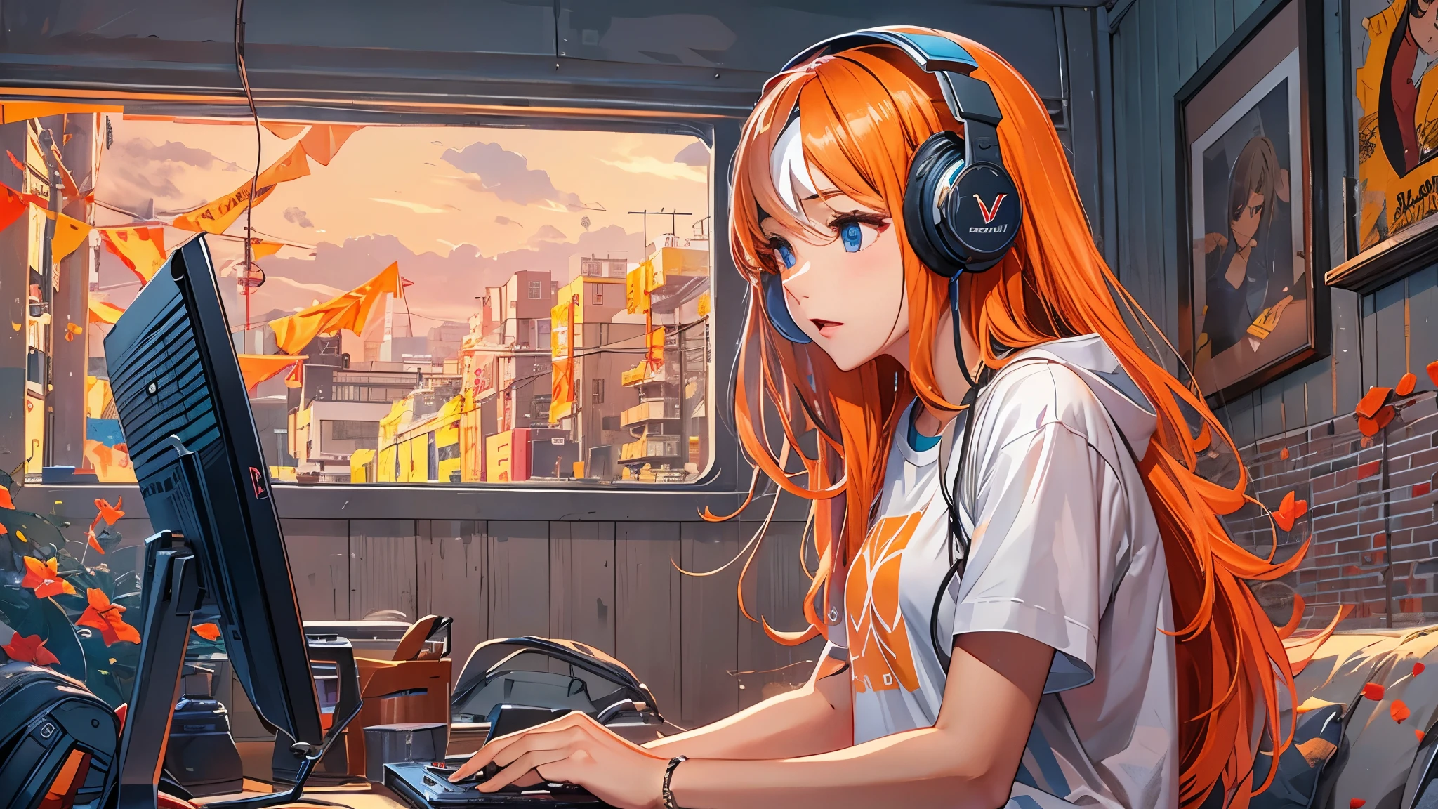 high resolution、One Girl、Wearing headphones、Logo T-shirt and hot pants、In the girl's room、Studying on a computer、Large monitor、Vibrant colors、Vivid Color、Warm shades、Full body images、Orange long hair、