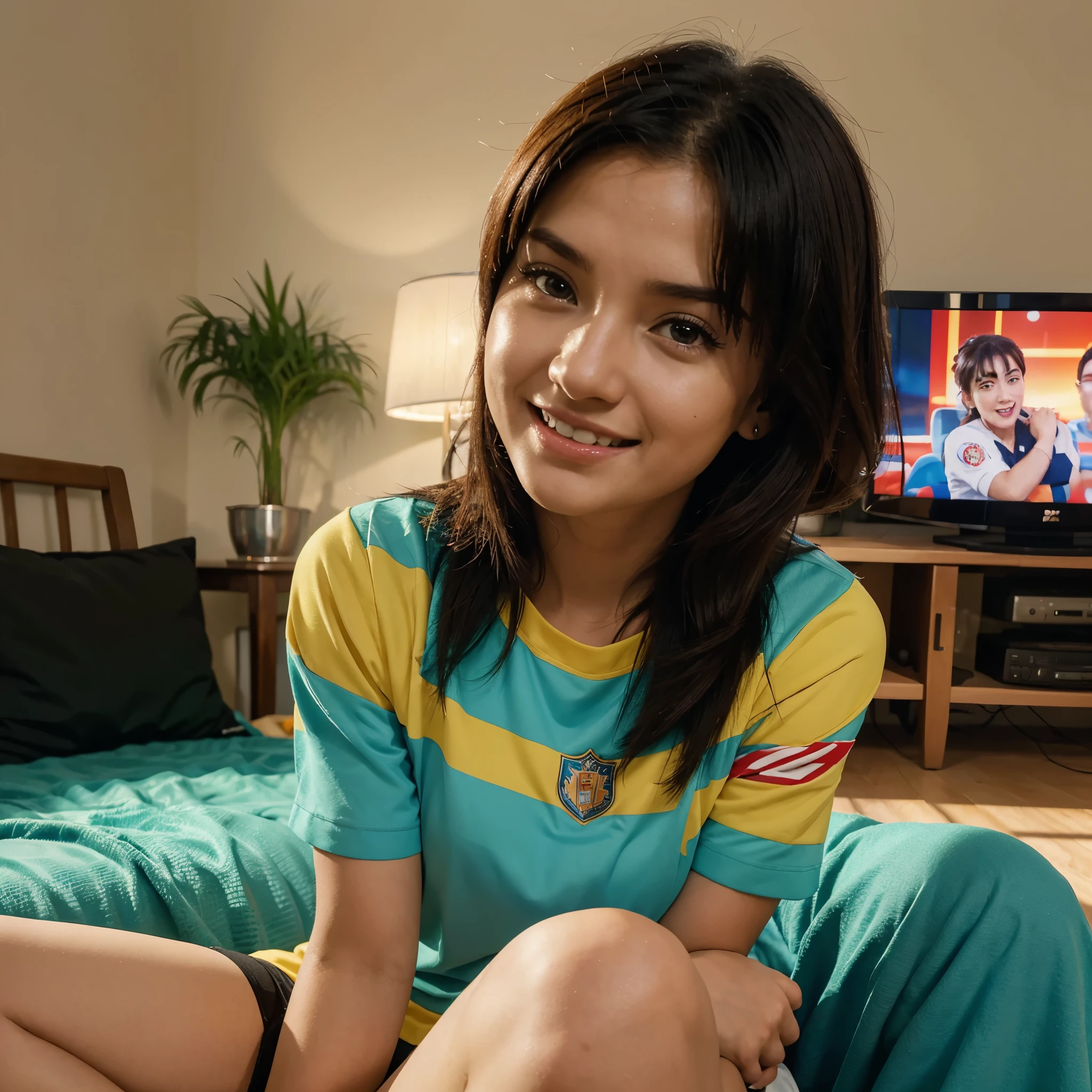 Arafed woman sitting in front of a television watching a football match., 3d realistic anime style, in the style of atey ghailan, 3d realistic style, 🪔 🎨;🌞🌄, 🇺🇦, 😃😀😄☺🙃😉😗, Official Fan Art, official fan art, in the style of Disney animation, in the world cup, fan art with name Ali number 10