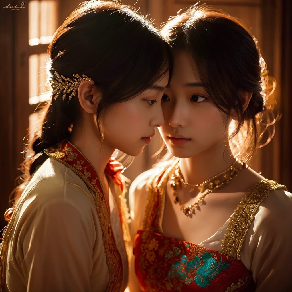 a beautiful asian girl, a handsome boy, looking into each other's eyes, romantic, emotional, intimate, tender, warm lighting, soft focus, dreamy, intricate details, vibrant colors, digital painting, masterpiece, photorealistic, 8k, hyper detailed, award winning, dramatic lighting, cinematic, breathtaking, visually stunning