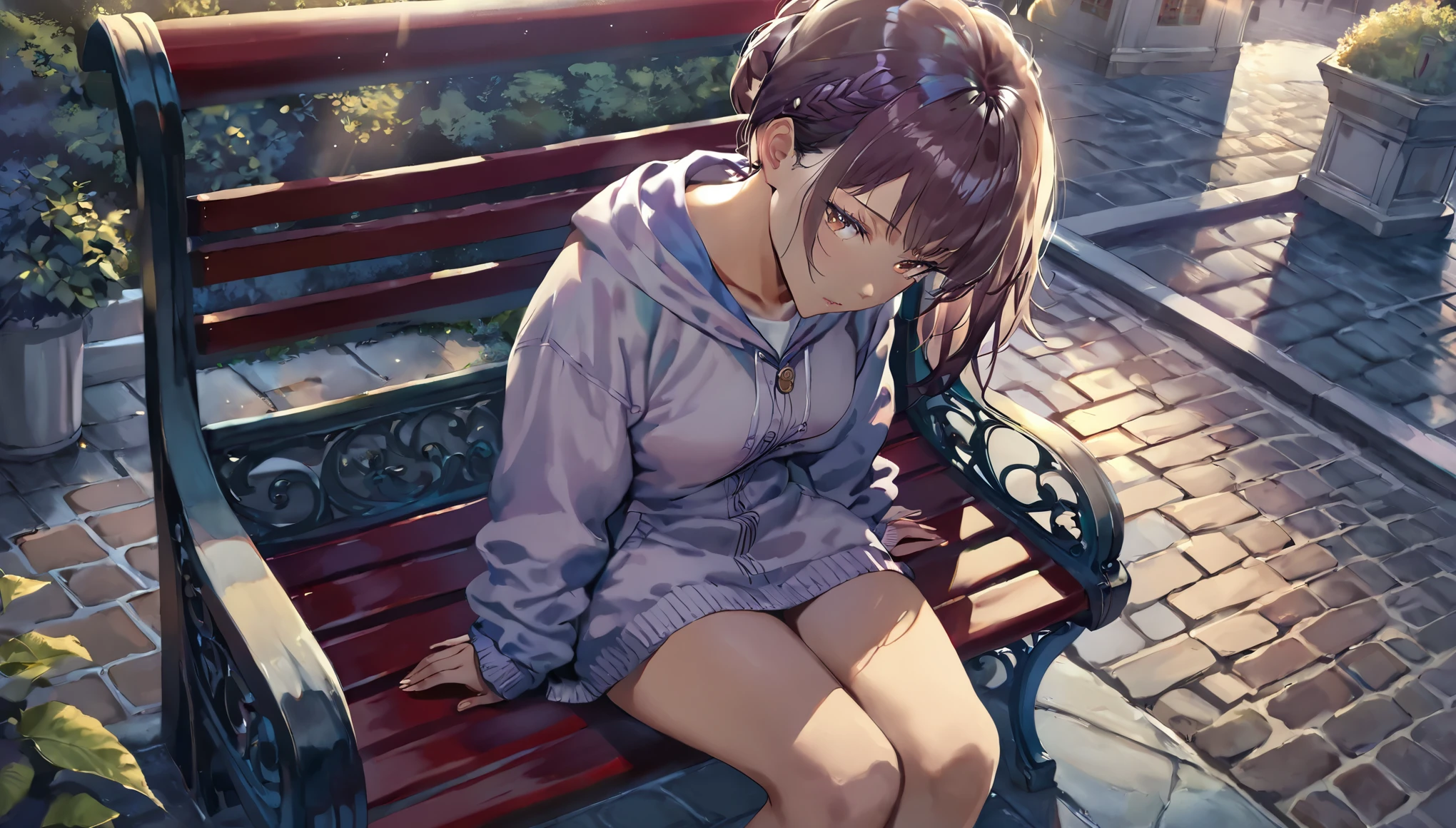 masterpiece,best quality,ultra detailed,(1girl:1.2),girl sitting on a bench, high angle shot, dramatic lighting,female focus, centered, photoreal painting background