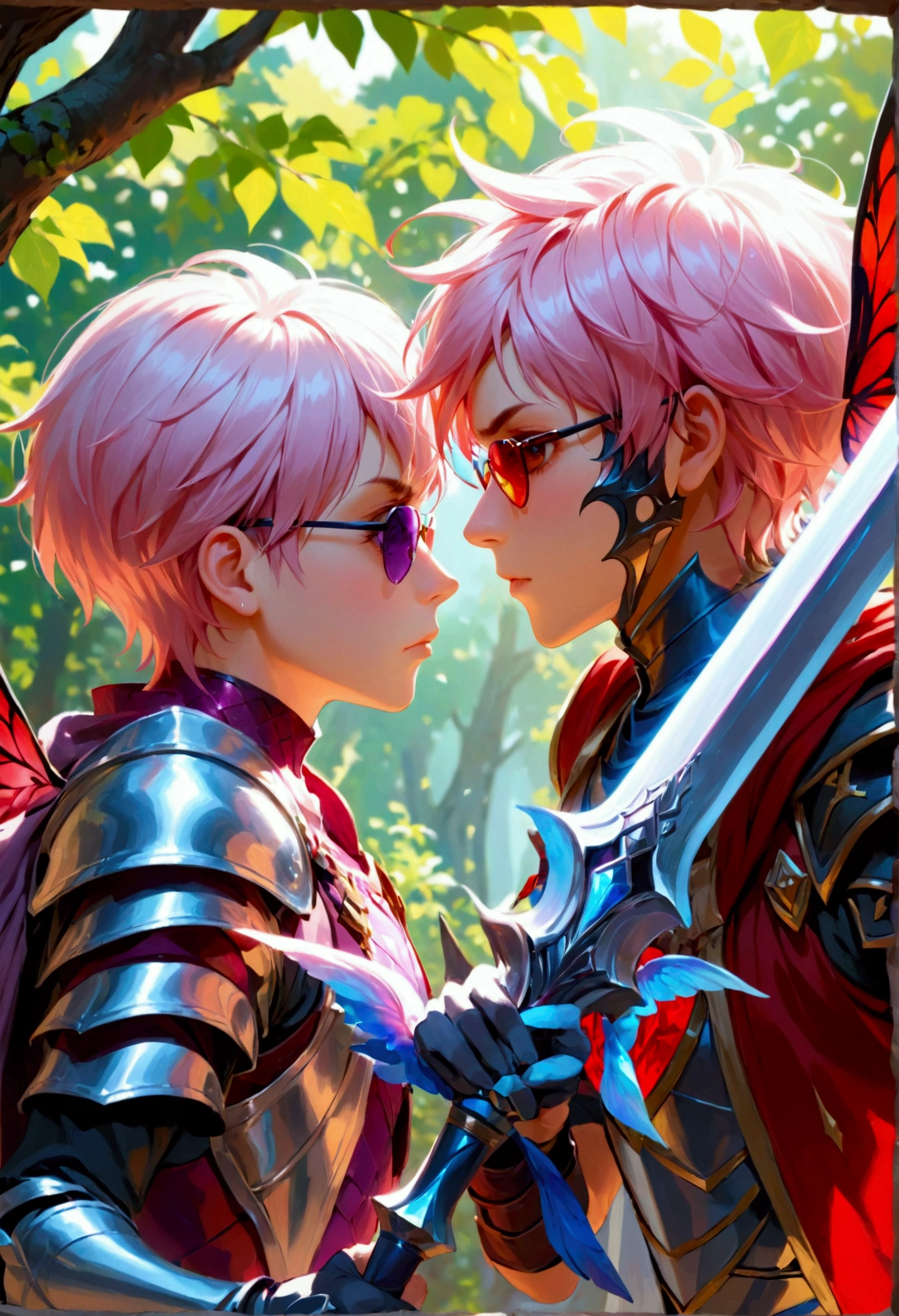 Two characters going on a quest, the first is a giantess princess with short pink hair wears purple armor and holding a giant diamond sword and the second one is a small short male fairy with short black hair and wears shades his wings are crimson red and he wears black and gray clothing 