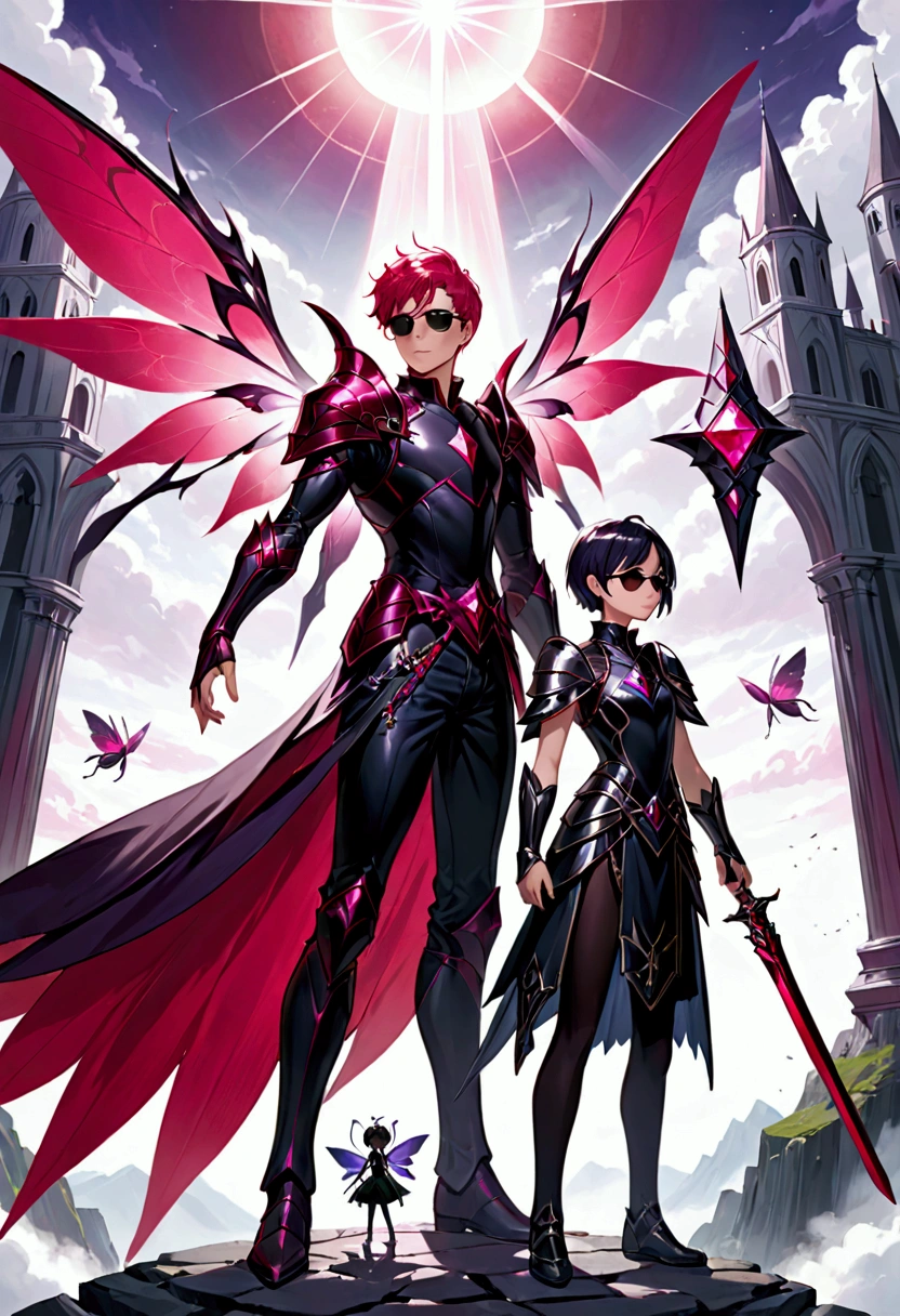 Two characters going on a quest, the first is a giantess princess with short pink hair wears purple armor and holding a giant diamond sword and the second one is a small short male fairy with short black hair and wears shades his wings are crimson red and he wears black and gray clothing