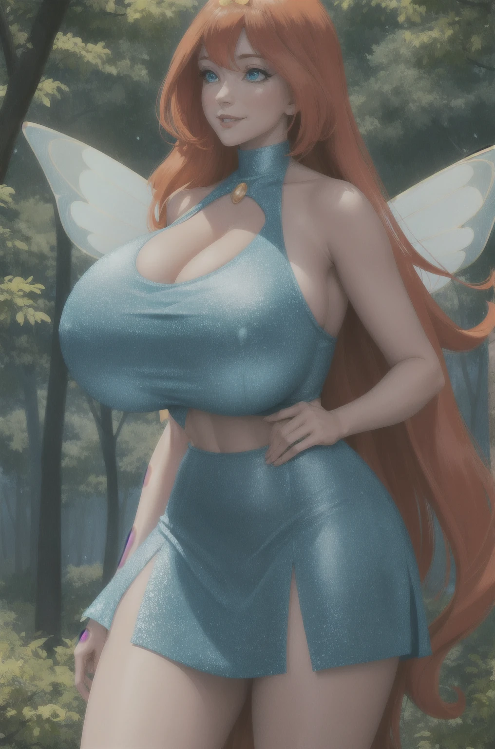masterpiece, best quality, ultra-detailed, Bloom, milf, mature face, tall, thick, orange hair, blue eyes, bangs, long hair, fairy outfit, blue croptop, sleeveless, blue skirt, sparkling clothing, fairy wings, tiara, standing, smile, in the forest, cowboy shot, realistic, volumetric lighting, intricate details, tonemapping, sharp focus, hyper detailed, Hot cleavage, (((gigantic breasts)))