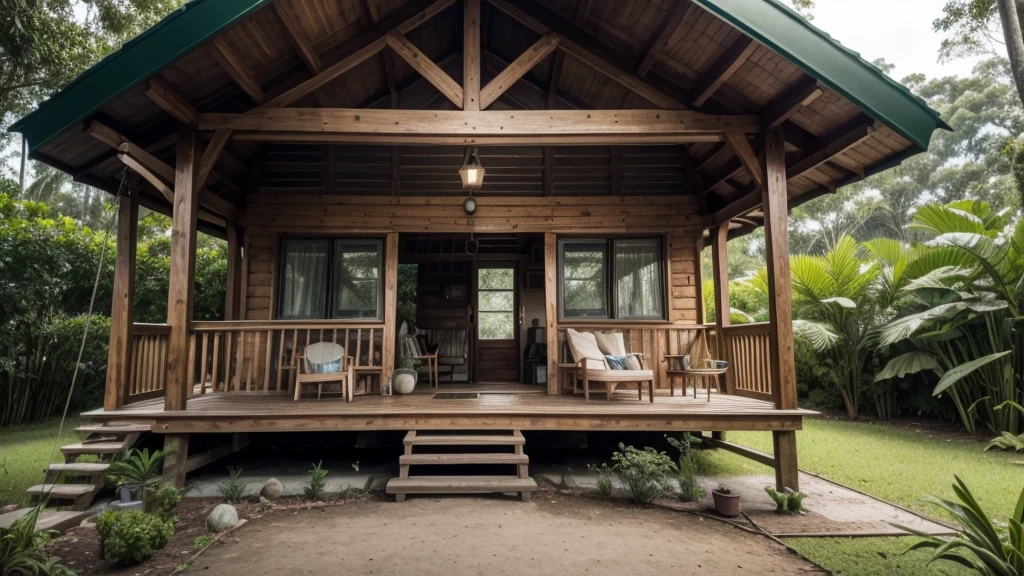 close-up of a little house with a hammock on the porch, !!comely!!, Wood house, peaceful wooden mansion, outside view, cottagecore!!, with front porch, very close to real nature, brazileiro, luxuosa Wood house, tropical style