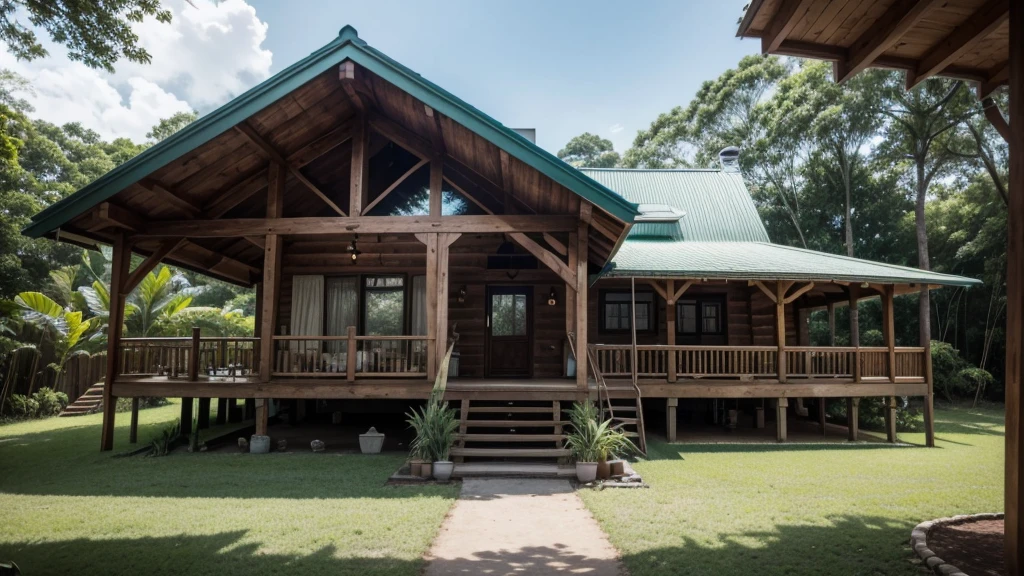 close-up of a little house with a hammock on the porch, !!comely!!, Wood house, peaceful wooden mansion, outside view, cottagecore!!, with front porch, very close to real nature, brazileiro, luxuosa Wood house, tropical style