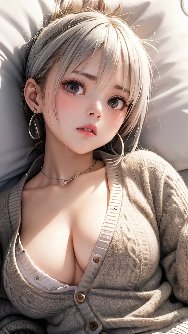 (masterpiece: 1.3), (Maximum resolution: 1.2), (Ultra High Definition TV: 1.2), Cinematic Light, 8K resolution, Detailed facial features , (Sharp focus: 1.2),Perfect Style, Beautiful Face, Acura, Anatomically correct, Highly detailed face and skin quality感, Beautiful Eyes,ThroughkBright Eyes, Natural Cheeks, Glowing Skin, (Glossy Lips: 1.4),、 (A shameful expression: 1.2),Highly detailed face and skin quality, Natural Cheeks, , Glossy Lips,Exposed cleavage、(White mucus on chest:1.6)(White mucus on thighs:1.6)、 blush、Humiliating、shame、Please open your knees、dissatisfaction、anger、tears、sorrow、Glaring at the camera、Spread your legs、Sparkly little earrings and necklace、Disheveled clothes、Exposed panties、stockings、Drenched in sweat、Thin underwear、Wet underwear、stockings 、Long Hair、32 years old, Clean woman,1 person、 first class cabin、On the bed(On my back, Lying down in bed, Lying down in bedいる, Lying down, White sheets:1.3)、blonde、Silver Hair、Blue-gray eyes、Greenish-gray eyes,(V-neck shirt and cardigan:1.4)、scarf、dissatisfaction、Masturbate、Nipple exposure、Soft Breasts、Raise your knees