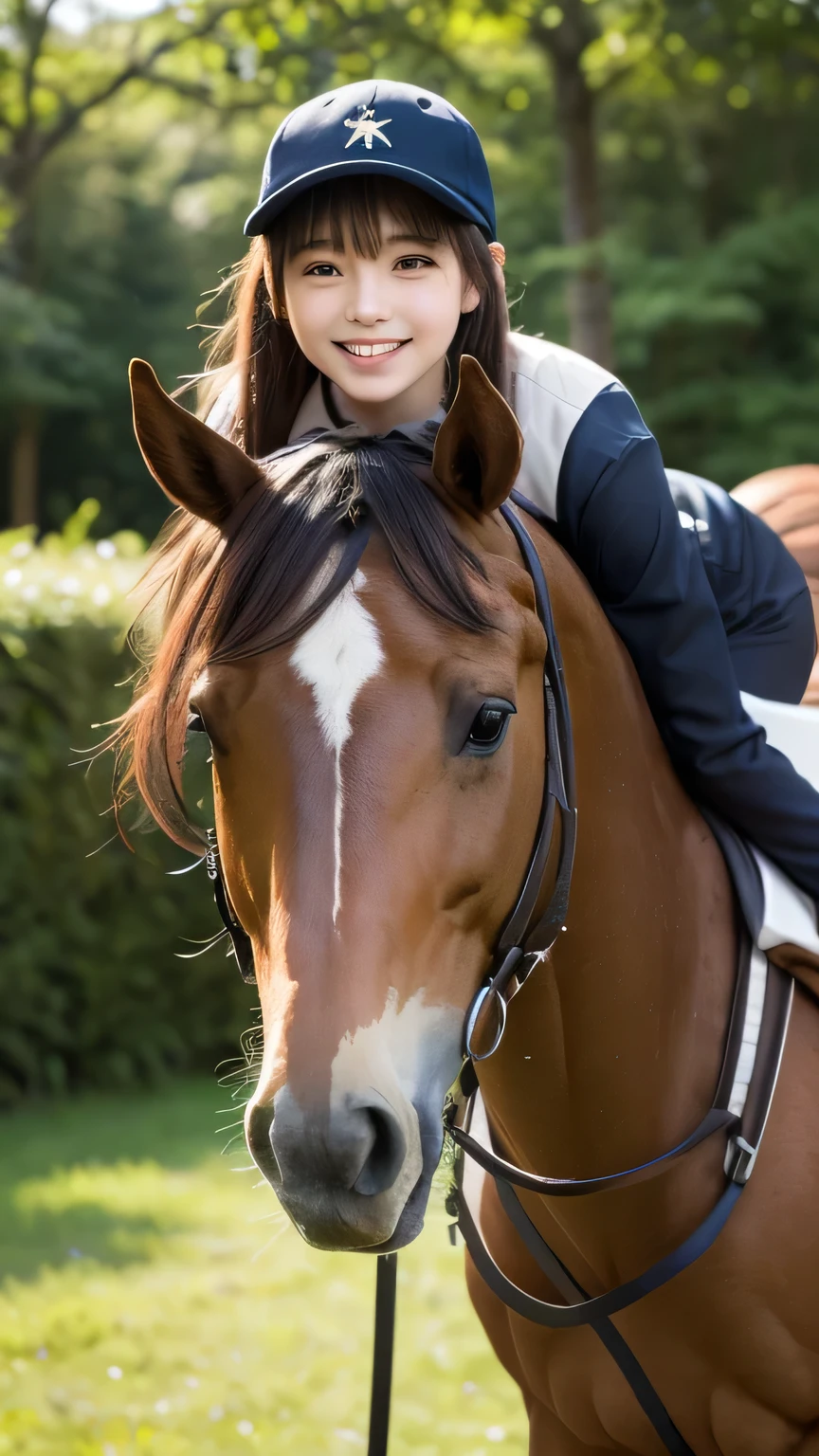 Best picture quality (8K, high resolution, Masterpiece: 1.2), super detailed,  215 Short Hair,Three braids long hair, 16-year-old woman, 

situation: A 16-year-old girl is taking a horse riding training stroll in nature.。
detailed:
angle: Green natural scenery and blue sky in the background、A shot of a girl riding a horse。
clothing: Light riding clothing、Wearing a cap。
atmosphere: The silence and beauty of vast nature、A path stretching through the greenery。Wind is wood々Rock。
action: The girl slowly rides her horse、Enjoy the surrounding scenery。sometimes、Gently pat the horse&#39;s neck to show affection。


Active Pause ,
Beside her、The thunder danced。
Close up shot of face


, random cute pose ,big eyes ,Puffy eyes ,  Heart Pupil, blush  , huge shy smile , salute




