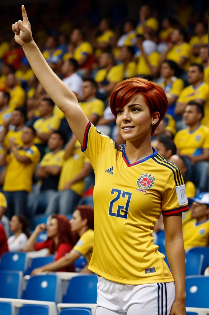 Realistic woman with red hair and short hair wearing the Colombia national team shirt and the name Carmen and the number 24 cheering for the Colombia national team in the stands of the stadium