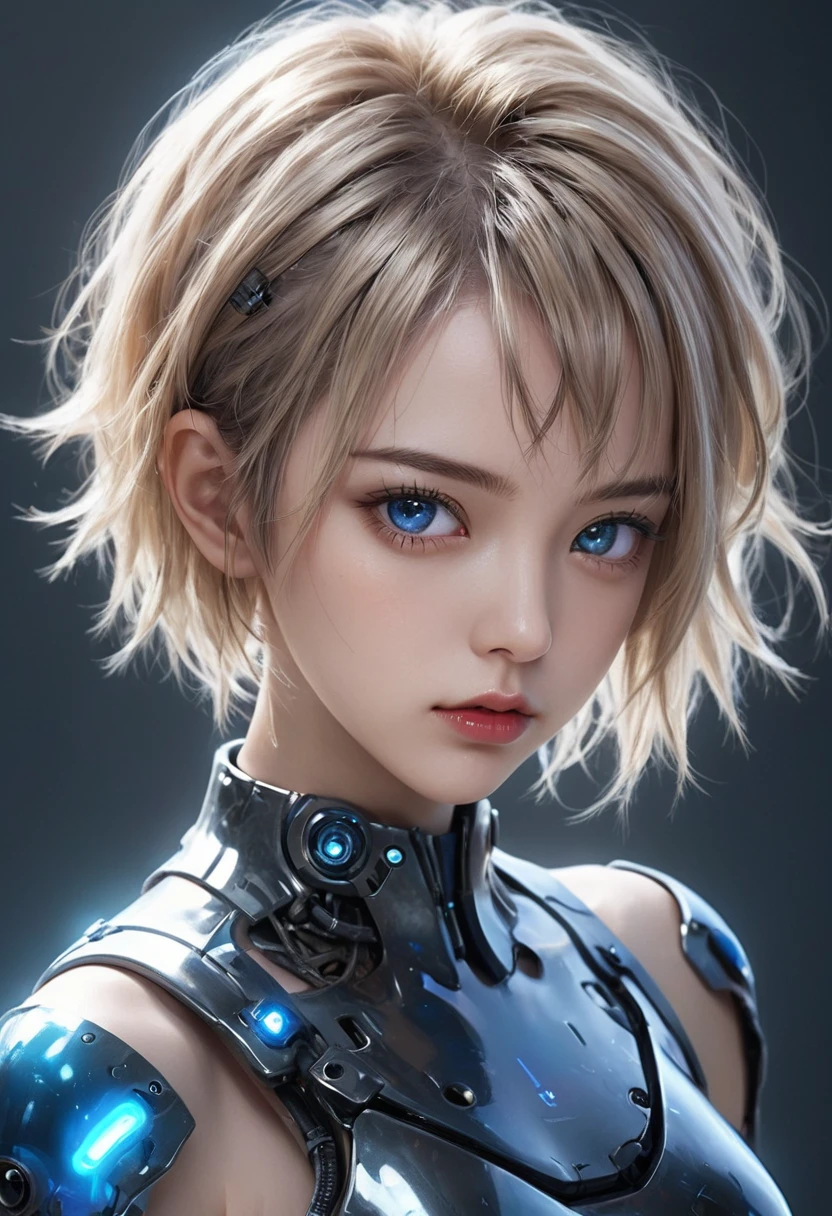 Woman with short blonde hair in a messy hairstyle、Create highly detailed full body portraits、Her eyes and lips are incredibly realistic., Capture a blank look as you stare straight at the viewer. Women depicted as cyborgs, She was clad in futuristic armor that included a crop top design.. A mind control device with a blue glass-like visor is apparently installed in her head.。. The stage is、It will take place in an advanced futuristic laboratory packed with complex technological components.。. Women are smooth, Futuristic table, Connected to a mind control device. The artwork is made to the highest quality (4K or 8K resolution), Highlight ultra-realistic details, High resolution, UHD resolution, Studio Lighting Technology. The artistic style features physically based rendering, Vibrant colors, A fascinating sci-fi concept art aesthetic.