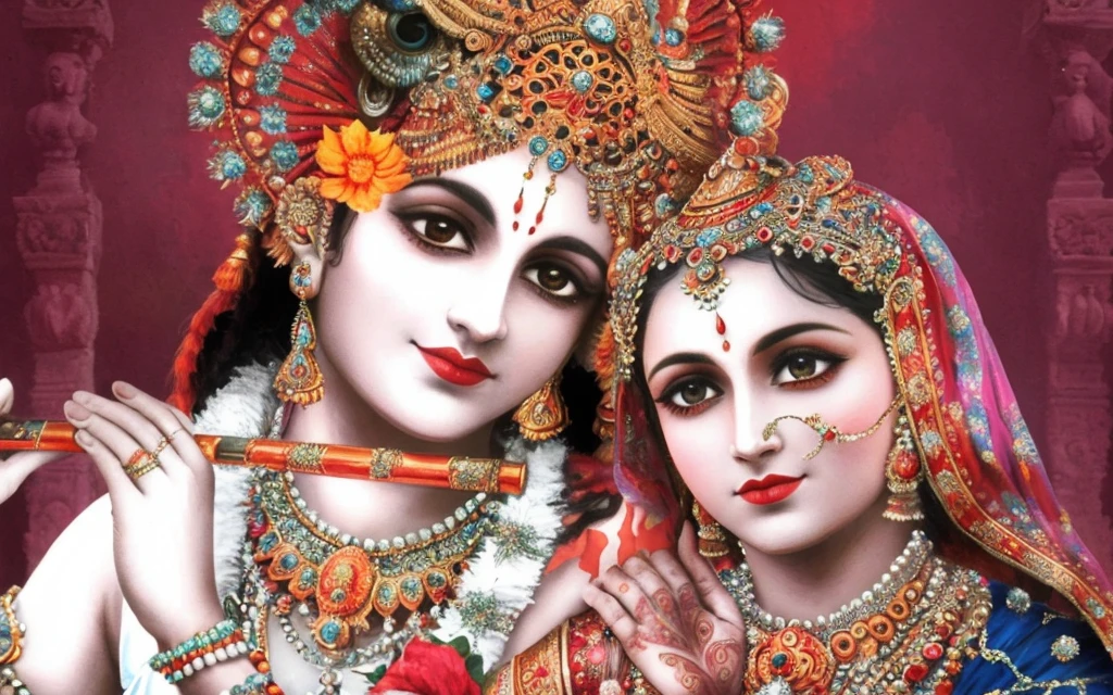 a close up of two women in traditional clothing with a red background, hindu gods, hindu art, beautiful godrays, indian god, from ramayan, indian art, eye level view, hindu god, vishnu, devainart, digitally enhanced, beautiful image, hindu aesthetic, attractive male deity, profile pic, hinduism, version 3, full of colors and rich detail