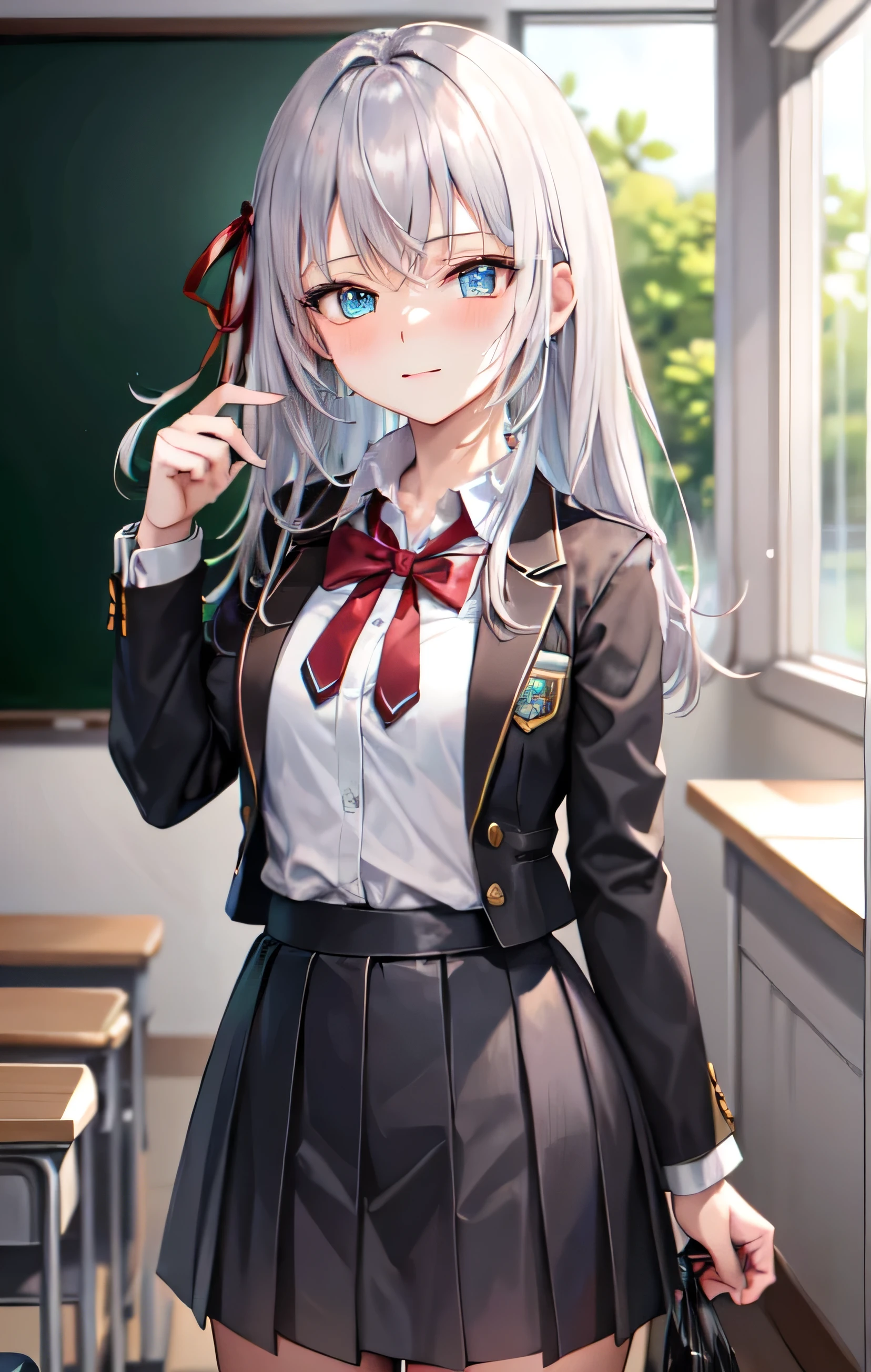 masterpiece, High resolution, Highest quality, figure, Cinematic Light, Super detailed, Detailed face, (((Fine grain))), Highest quality, Super detailed, masterpiece, (Detailed face), Alisa Kujou, One girl, Long Hair, blue eyes, shirt, bow, ribbon, , Jacket, hair ribbon, (Gray Hair), Focus Only, bowtie, View the viewer, red bow, red ribbon, red bowtie,skirt, White knee socks, ((school uniform)), classroom