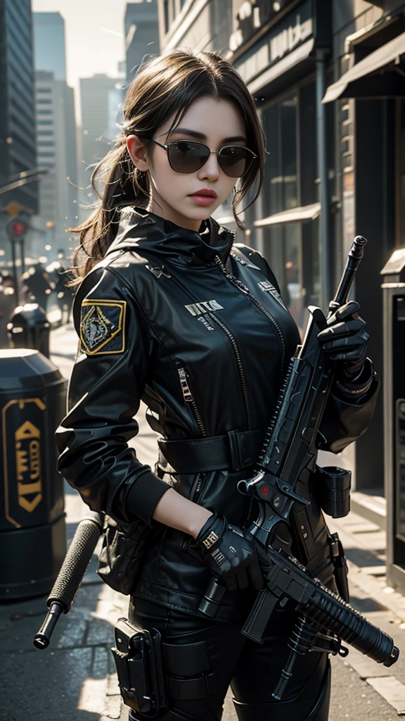 8K, UHD, masterpiece, 1 girl, detailed face, smart face, ((sunglasses)), detailed eyes, sniper rifle in hand, battlefeild, call of duty cosplay, call of duty modern warfare 3, ((ghost tribe)), belts, gun, methic gun, futuristic art, cyberpunk lihting, ultra extreme graphics, RTX 4090, ray tracing, bloom, depth of field, motion blur,