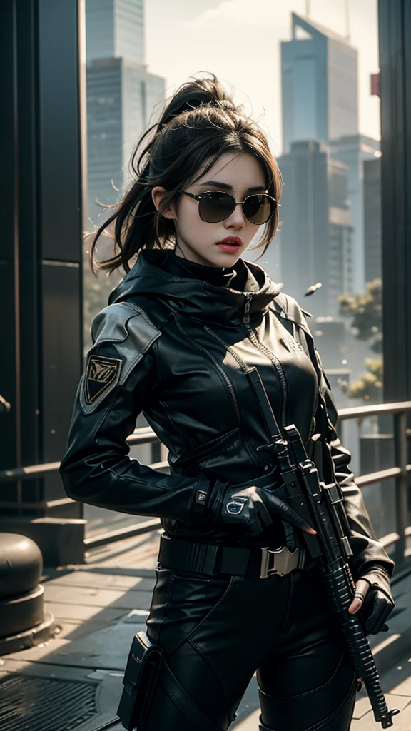 8K, UHD, masterpiece, 1 girl, detailed face, smart face, ((sunglasses)), detailed eyes, sniper rifle in hand, battlefeild, call of duty cosplay, call of duty modern warfare 3, ((ghost tribe)), belts, gun, methic gun, futuristic art, cyberpunk lihting, ultra extreme graphics, RTX 4090, ray tracing, bloom, depth of field, motion blur,