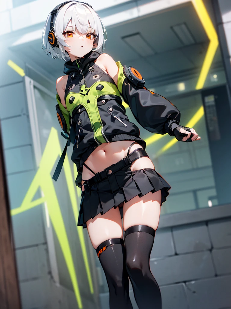 masterpiece, best quality, anby demara, orange eyes, short hair, white hair,
 expressionless, standing, bare shoulders, black gloves, black skirt, black thighhighs, fingerless gloves, naked green jacket, headphones, navel, thighhighs, street, (open clothes), (clothes lift), nipples show off, bare small breasts,