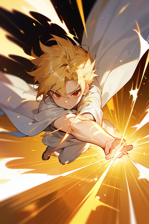 Running at super high speeds. A beautiful 7-year-old boy with blond hair, red eyes and golden energy. He is wearing a white robe with gold trim. A sense of speed.