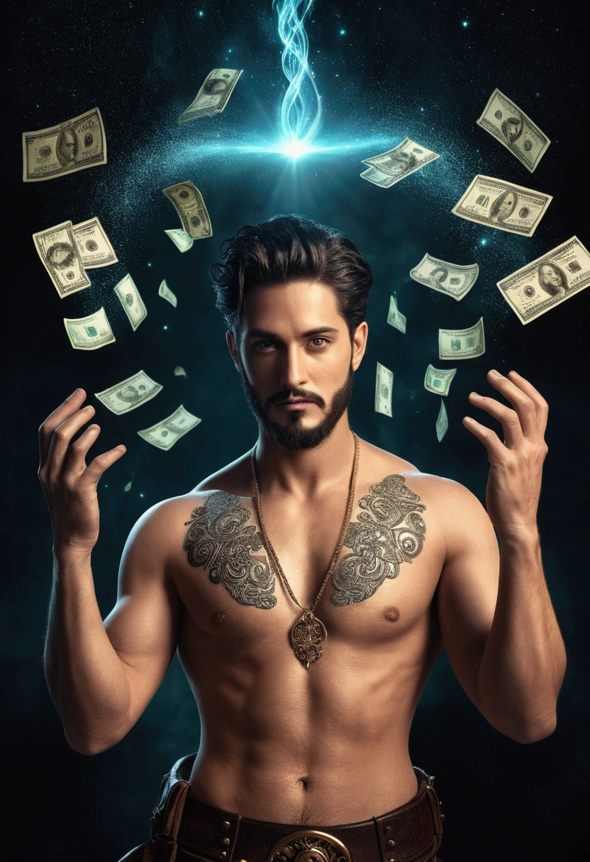 art bra, best qualityer:1.4),(absurderes, A high resolution, ultra detaild:1.2), (1 man handsome:1.4),(using dark magie:1.4), short beard, shorth hair, magie,Playful illustration, imaginative overlays, artistic fusion,fantastic scenes, evocative narratives, impressive visual effects, trunk, open hand, magic key with mysterious light , money flying in the background