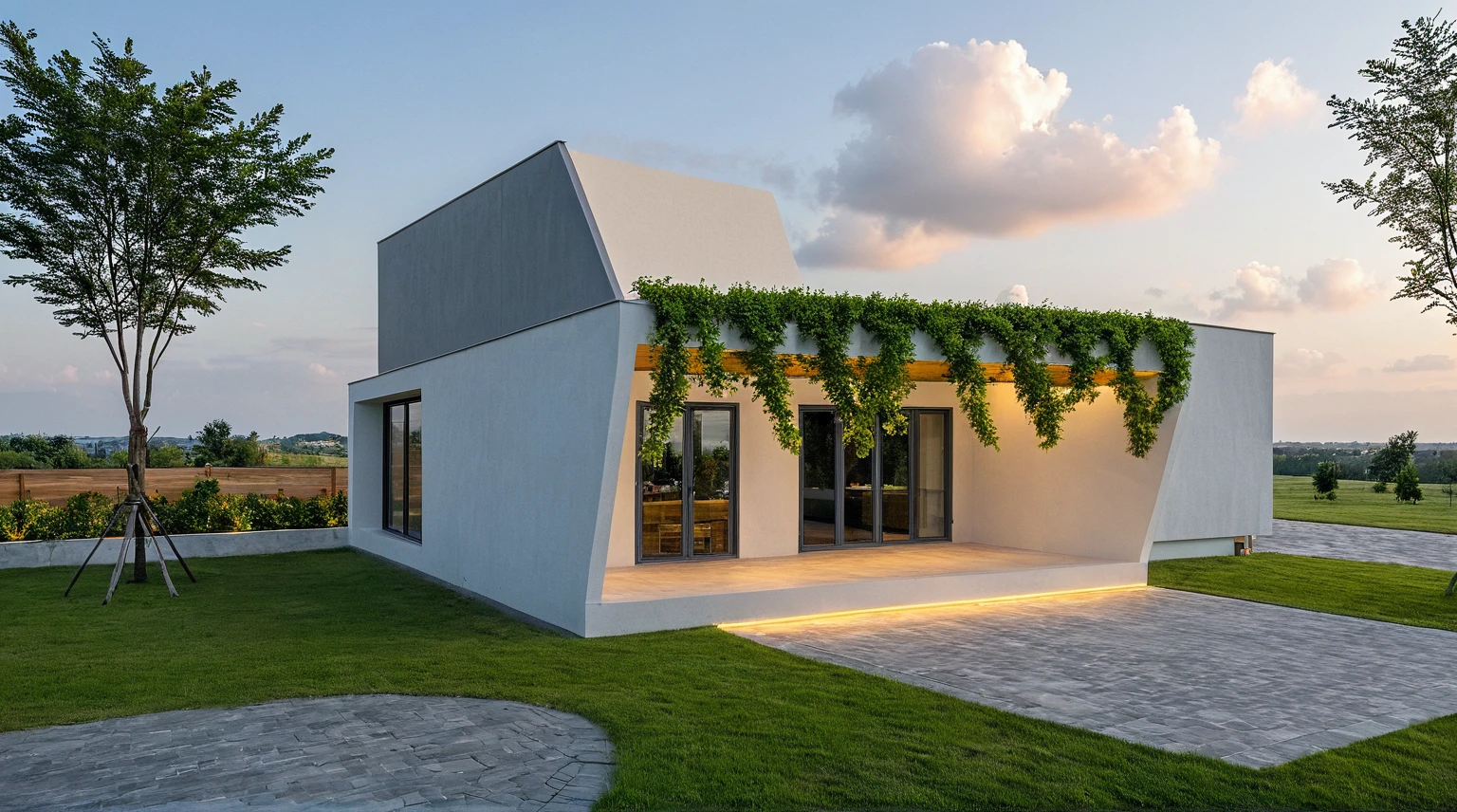 Masterpiece, high quality, best quality, authentic, super detail, outdoors, onestoreyvillaXL, aiaigroup, house style modern, white wall ,pavement, grass, trees, dusk sky, cloud, (daylight:1.1)
