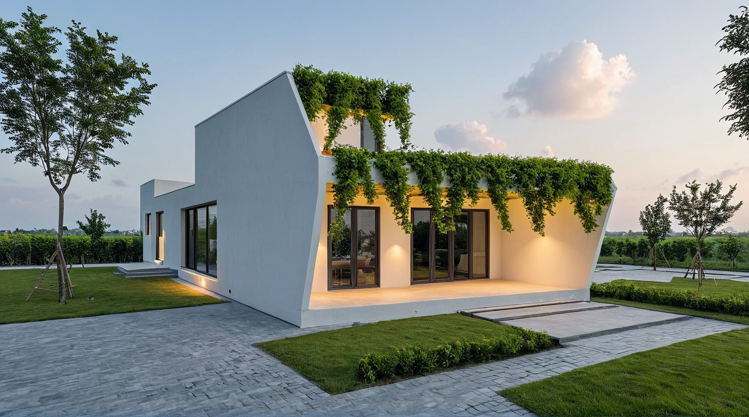 Masterpiece, high quality, best quality, authentic, super detail, outdoors, onestoreyvillaXL, aiaigroup, house style modern, white wall ,pavement, grass, trees, dusk sky, cloud, (daylight:1.1)