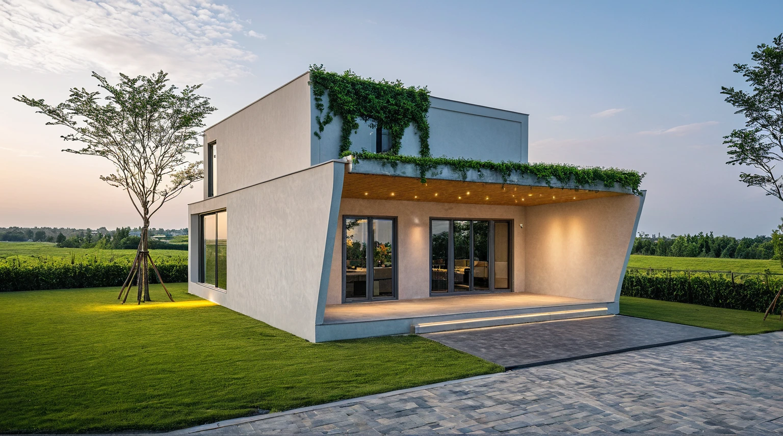 Masterpiece, high quality, best quality, authentic, super detail, outdoors, onestoreyvillaXL, aiaigroup, house style modern, white wall ,pavement, grass, trees, dusk sky, cloud, (daylight:1.1)
