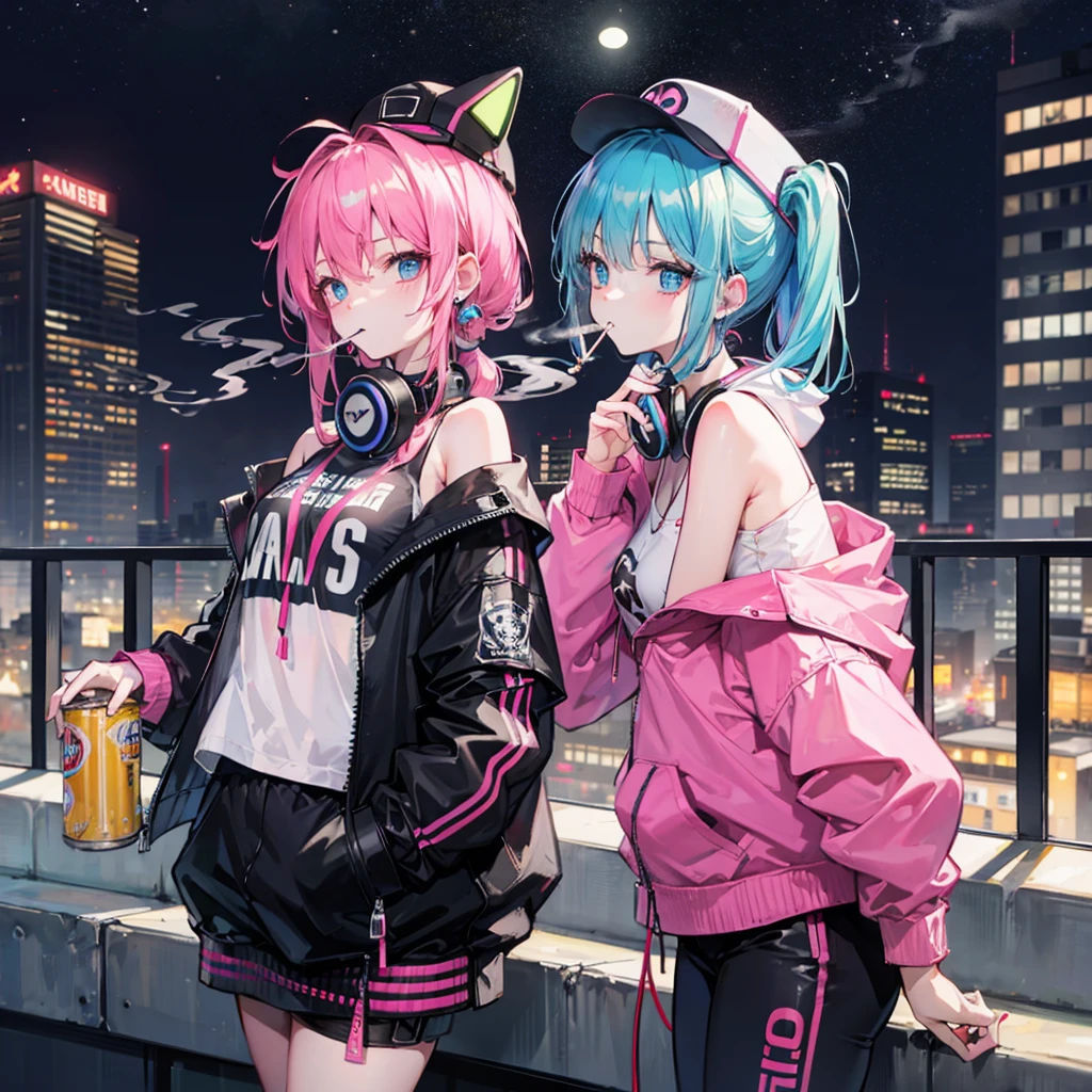((((Smoke a cigarette Put your headphones around your neck)))) (((Neon color pink and blue hair ponytail Wear a hat Off-the-shoulder hoodies Place the beer cans))) ((cyber punk Earrings rooftop City of night)) (Shining Moon Shining Background)