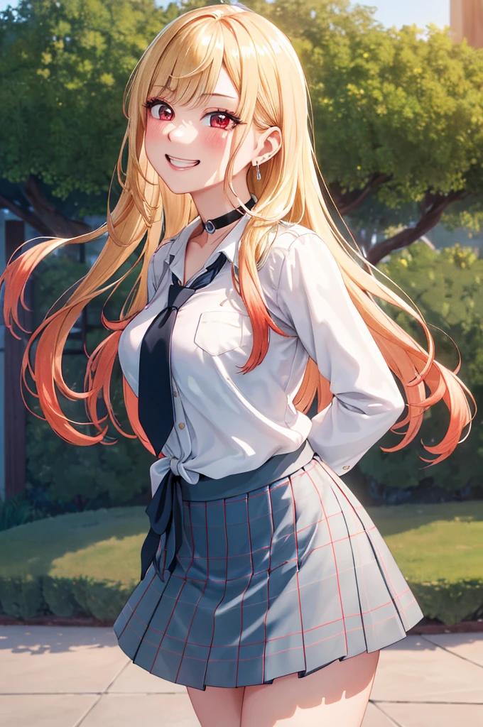 masterpiece, Kitagawa Marine, One girl, Blonde, Long Hair, Multicolored Hair, Red eyes, jewelry, Earrings, Earrings, , White shirt, tie shirt, Black Choker, Blue tie, Checked skirt, mini skirt, Grin, smile, Are standing, Cowboy Shot, Outdoor, arms behind back, Highest quality, unity 8k wallpaper, (figure:0.8), (Beautiful attention to detail:1.6), Highly detailed face, Perfect lighting, Highly detailed CG, (3D Face:1.1), (Shiny skin:1.5), (Ultra-high resolution intricate face details), (Facial skin pores:1.3), Ultra high resolution cloth texture, 大きなsmile、Blushing、Open your mouth, Showing off her perfect legs, Large Breasts