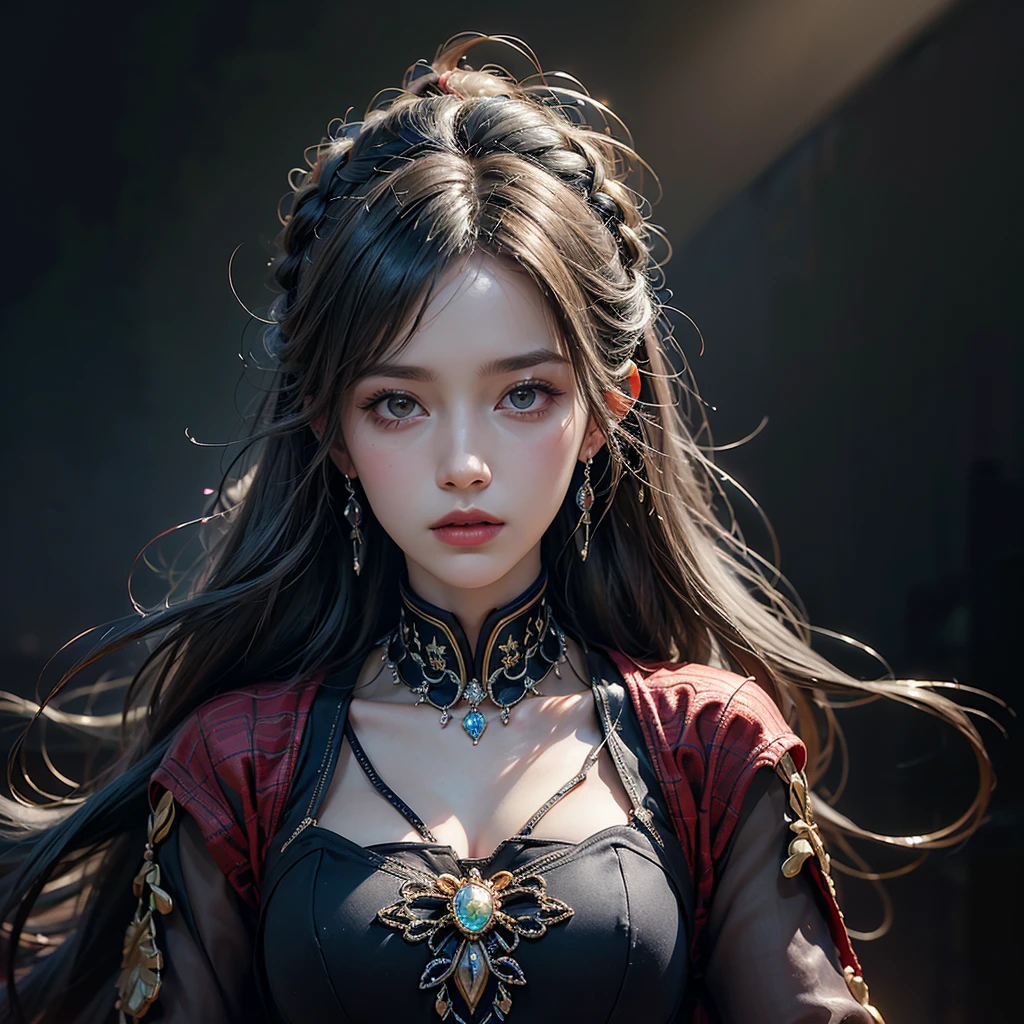 (Front Focus), (In the Dark:1.6), Hyperrealist Female Portrait by David Hockney and Alphonse Mucha, Fantasy art, Photo Real, Dynamic Lighting, Art Station, Poster, Volumetric lighting, Highly detailed face, 4k yen, Awards, One girl, In the Dark, Deep Shadow, Modest, Cowboy Shot, (Official attire:1.4), Long Hair, Gray Hair