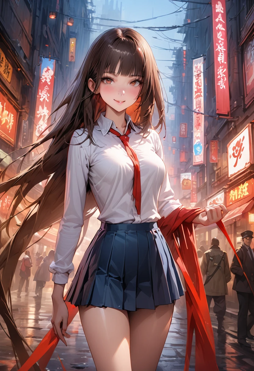 A detailed depiction of a woman holding a handgun、World of Blade Runner、((masterpiece,Highest quality:1.3,best quality illustration,realistic:1.3)),cowboy shot,独奏,1woman,(18-year-old、Japanese Beauty)、brown hair,long hair,bangs,brown eyes,gorgeous eyes,(very small head:1.3),smile,(very long body:1.2,skinny),medium breasts,(Red ribbon tie、White long sleeve collared shirt、Navy blue pleated mini skirt),gleaming skin,toned body,slender body,standing,on street,neon、